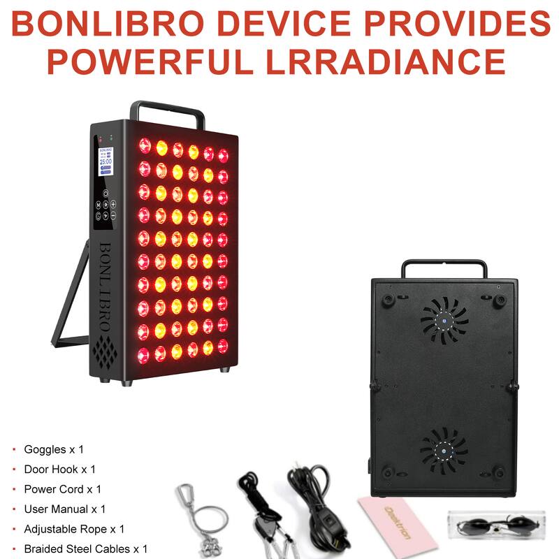 BONLIBRO DEVICE PROVIDES POWERFUL LRRADIANCE

- BONLIBRO Goggles x 1
- Door Hook x 1
- Power Cord x 1
- User Manual x 1
- Adjustable Rope x 1
- Braided Steel Cables x 1
