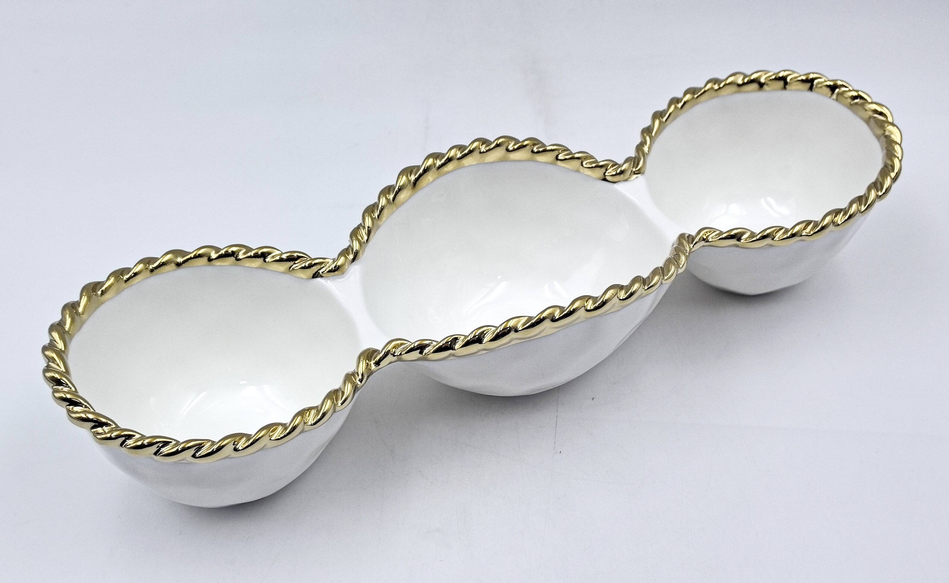 Front. Jiallo - Contemporary Gold Rope 3‑Section Server – Modern Divided Serving Dish with Rope‑Style Rim - White.