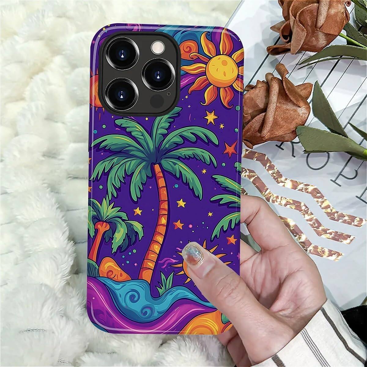 Alt View 6. Finnhomy - Smartphone Case for iPhone 14 Pro Max Dual Layer Protective Phone Case Shockproof Anti Slip Slim Cover - Palm Trees Stars Sun.