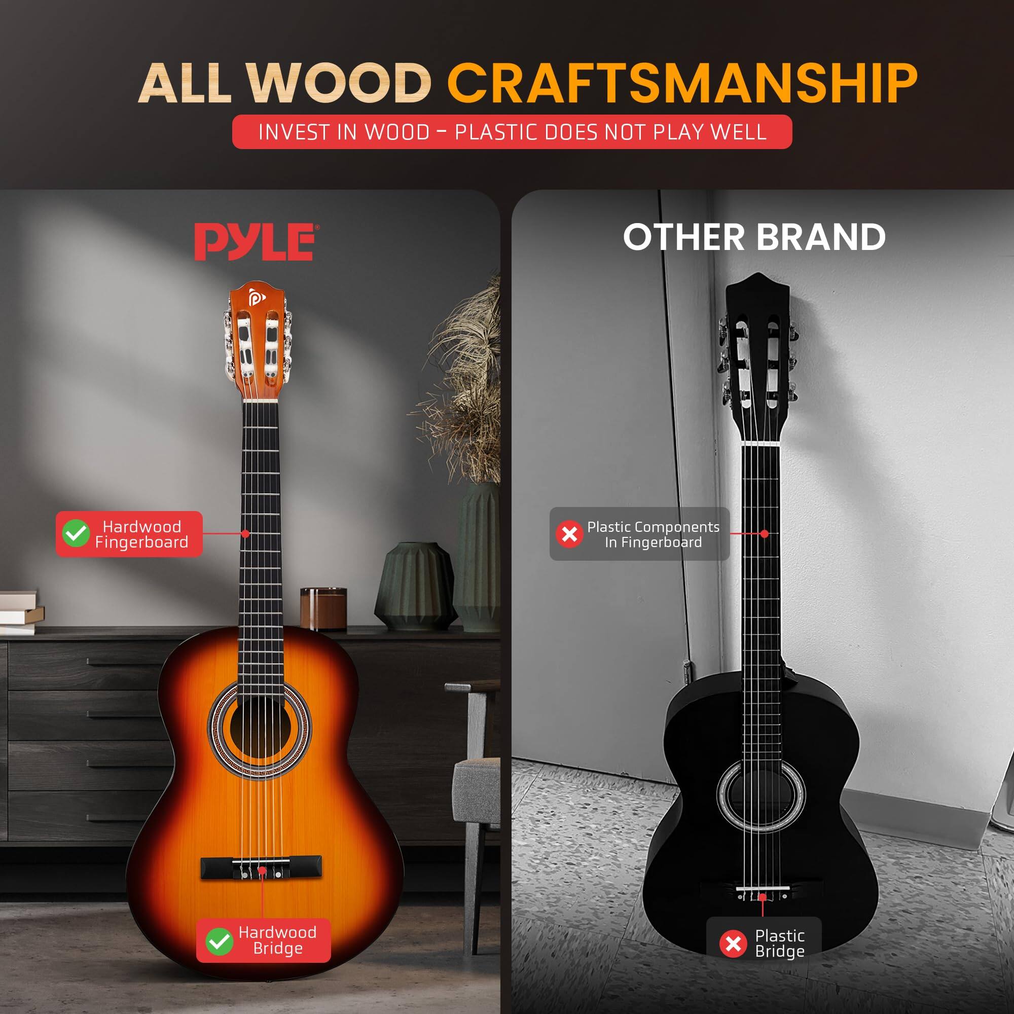 ALL WOOD CRAFTSMANSHIP
INVEST IN WOOD - PLASTIC DOES NOT PLAY WELL
PYLE
OTHER BRAND
Hardwood Fingerboard
Plastic Components x in Fingerboard
Hardwood Bridge
Plastic x Bridge