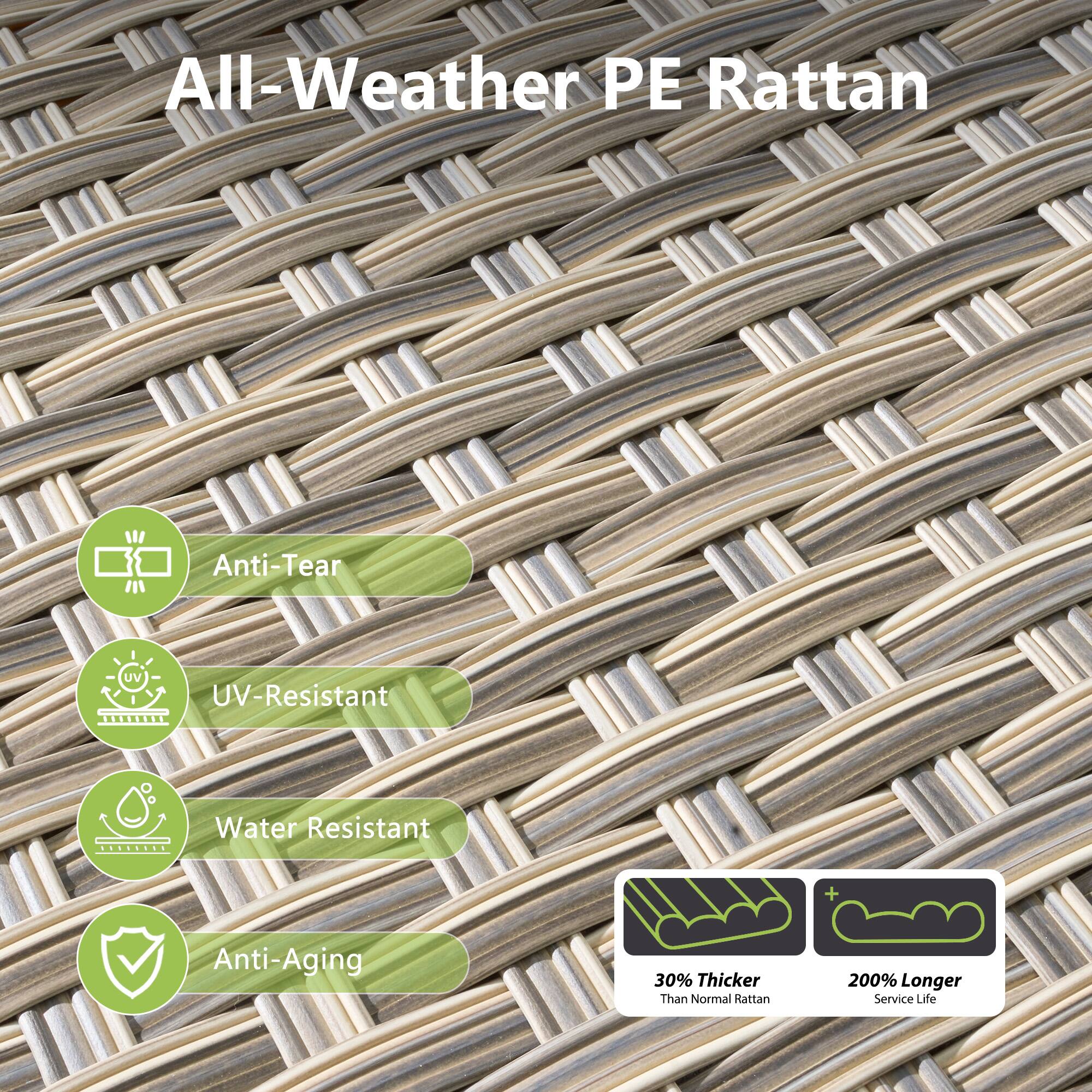 All-Weather PE Rattan

- Anti-Tear
- UV-Resistant
- Water Resistant
- Anti-Aging

30% Thicker Than Normal Rattan
200% Longer Service Life