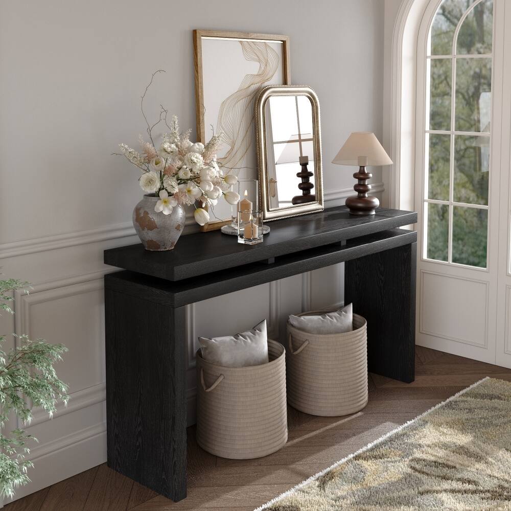 Alt View 1. Loheer - Loheer 60 inch black console table, double board suspension farmhouse entryway table with open storage - Black.