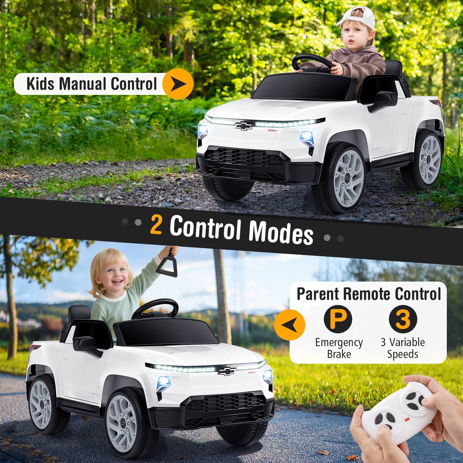 Kids Manual Control  
2 Control Modes  
Parent Remote Control  
P Emergency Brake  
3 Variable Speeds