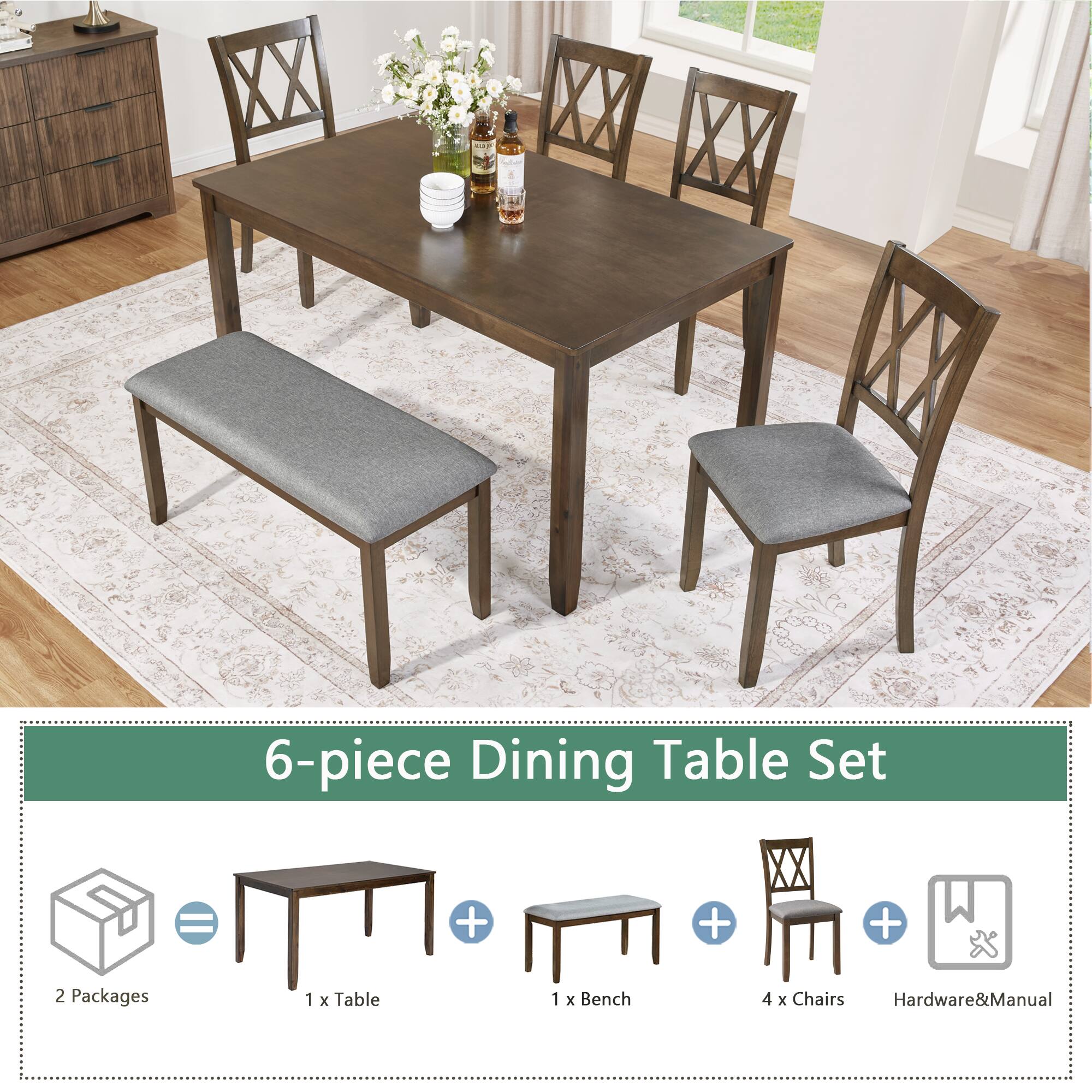 6-piece Dining Table Set

2 Packages  
1 x Table  
1 x Bench  
4 x Chairs  
Hardware & Manual
