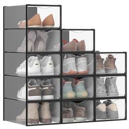 Songmics Home - Shoe Boxes, Shoe Storage Organizers Rack for Closet, Plastic Stackable Sneaker Containers Case, 12 Pack - Transparent and Ink Black