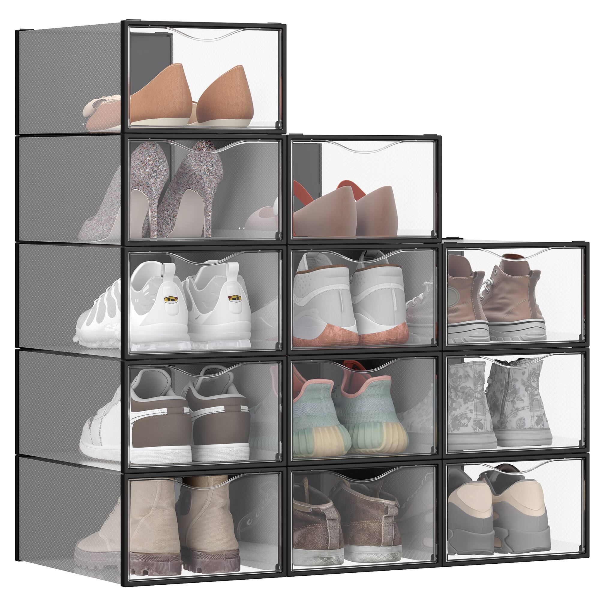 Front. Songmics Home - Shoe Boxes, Shoe Storage Organizers Rack for Closet, Plastic Stackable Sneaker Containers Case, 12 Pack - Transparent and Ink Black.