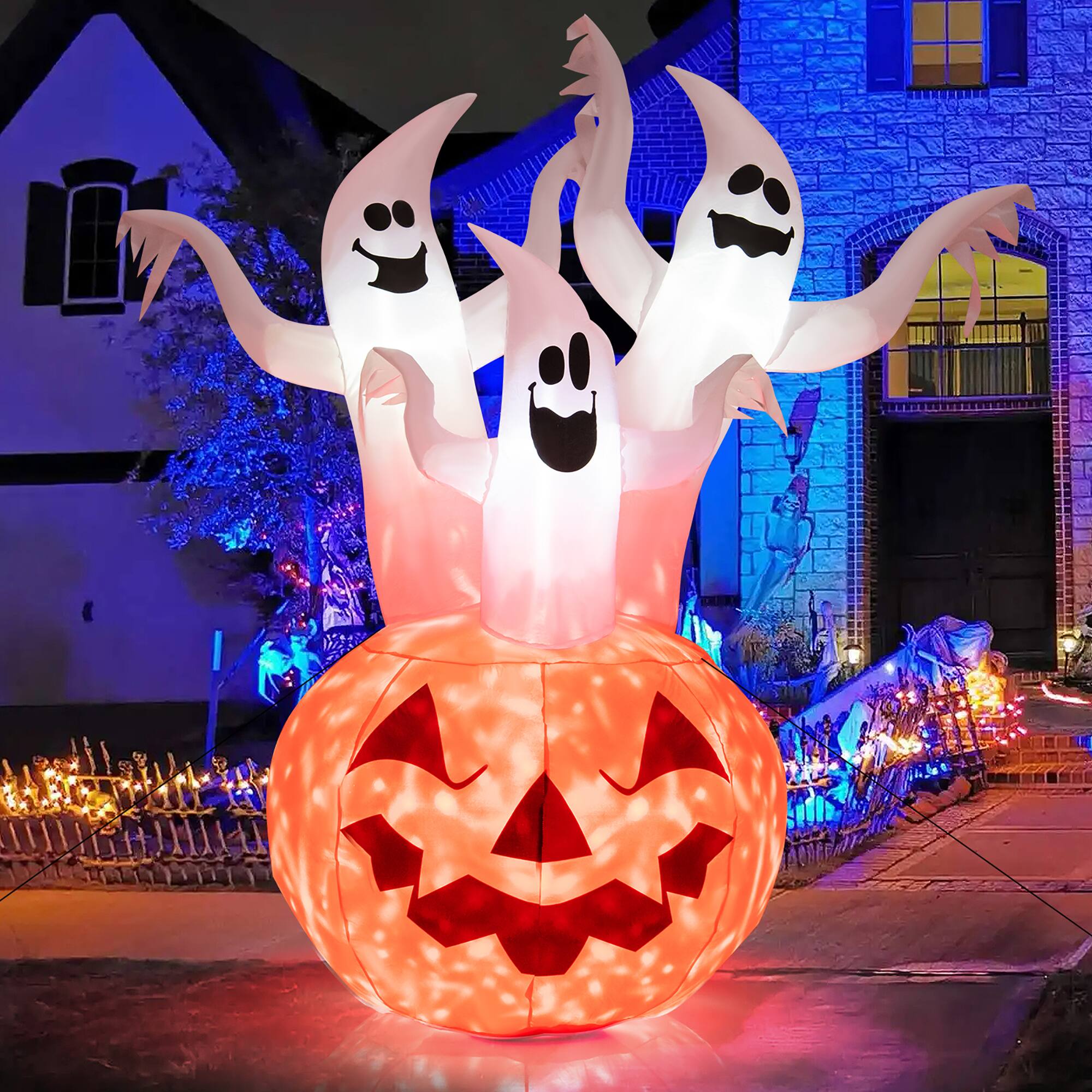 Alt View 18. Costway - 6 FT Inflatable Halloween Tree White Ghosts with Pumpkin Decor w/ Rotating Lamp - White/Pumpkin.