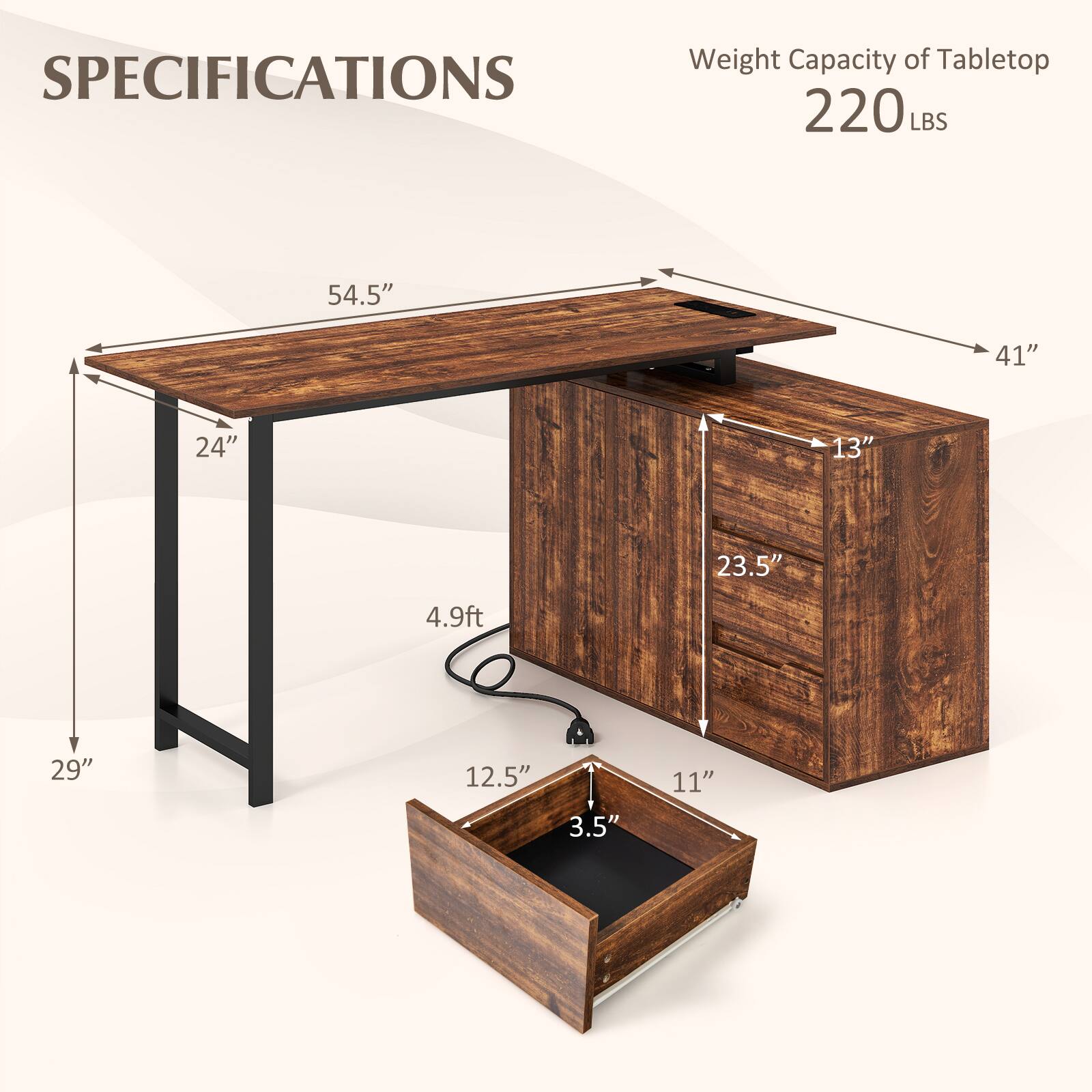 SPECIFICATIONS  
Weight Capacity of Tabletop: 220 LBS  
- Length: 54.5"  
- Width: 41"  
- Height: 29"  
- Depth: 24"  
- Drawer Height: 13"  
- Drawer Width: 23.5"  
- Drawer Depth: 12.5"  
- Drawer Height: 3.5"  
- Overall Height: 4.9ft