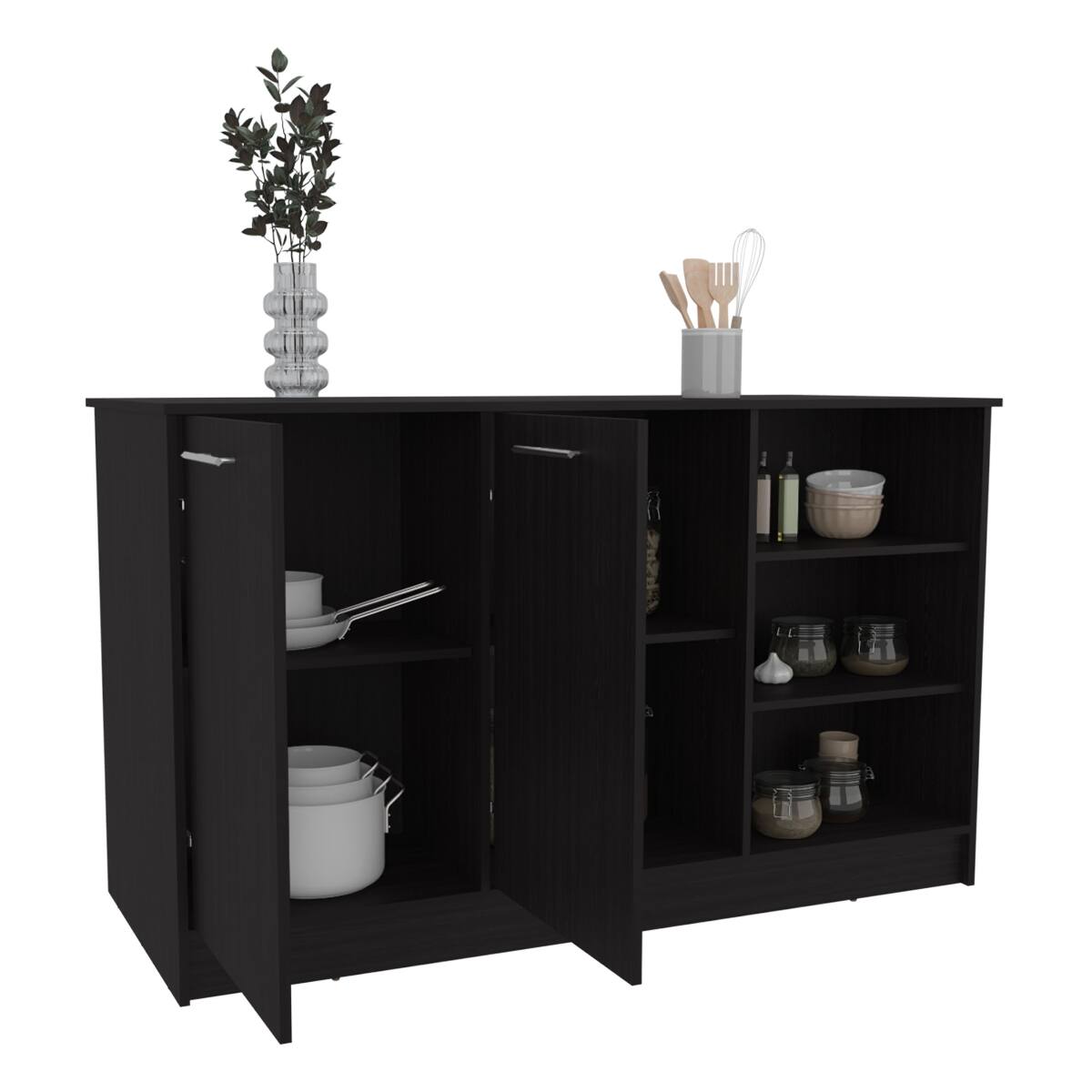 Alt View 4. Loheer - Loheer Black Kitchen Island with Cabinets Three Open Shelves and Seating Clearance - Black.