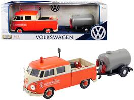 Volkswagen Type 2 (T1) Pickup Truck with Oil Trailer "Road Service" 1/24 Diecast Model Car by Motormax - Orange and Cream