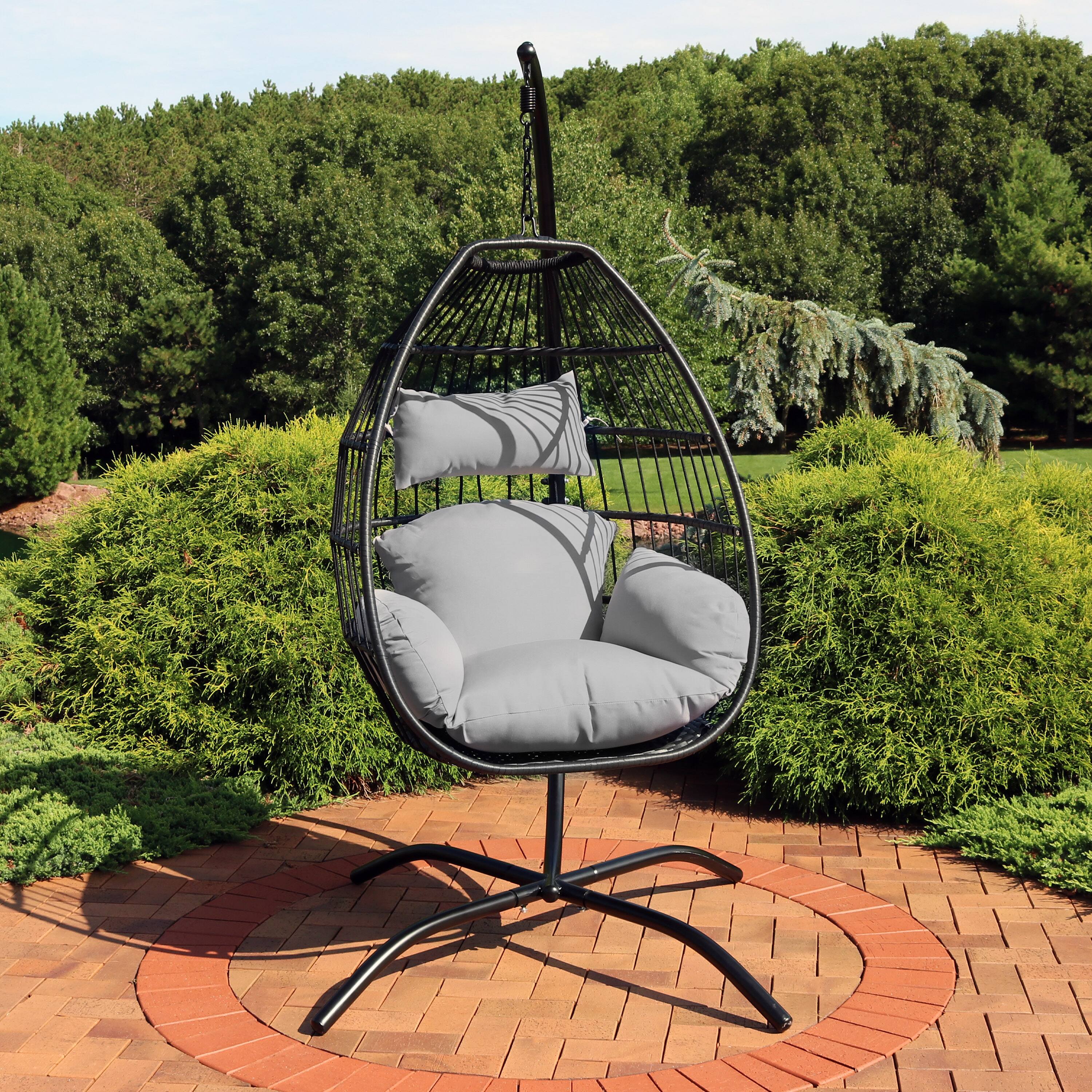 Alt View 2. Sunnydaze - Resin Wicker Hanging Egg Chair with Steel Stand/Cushions - Black.