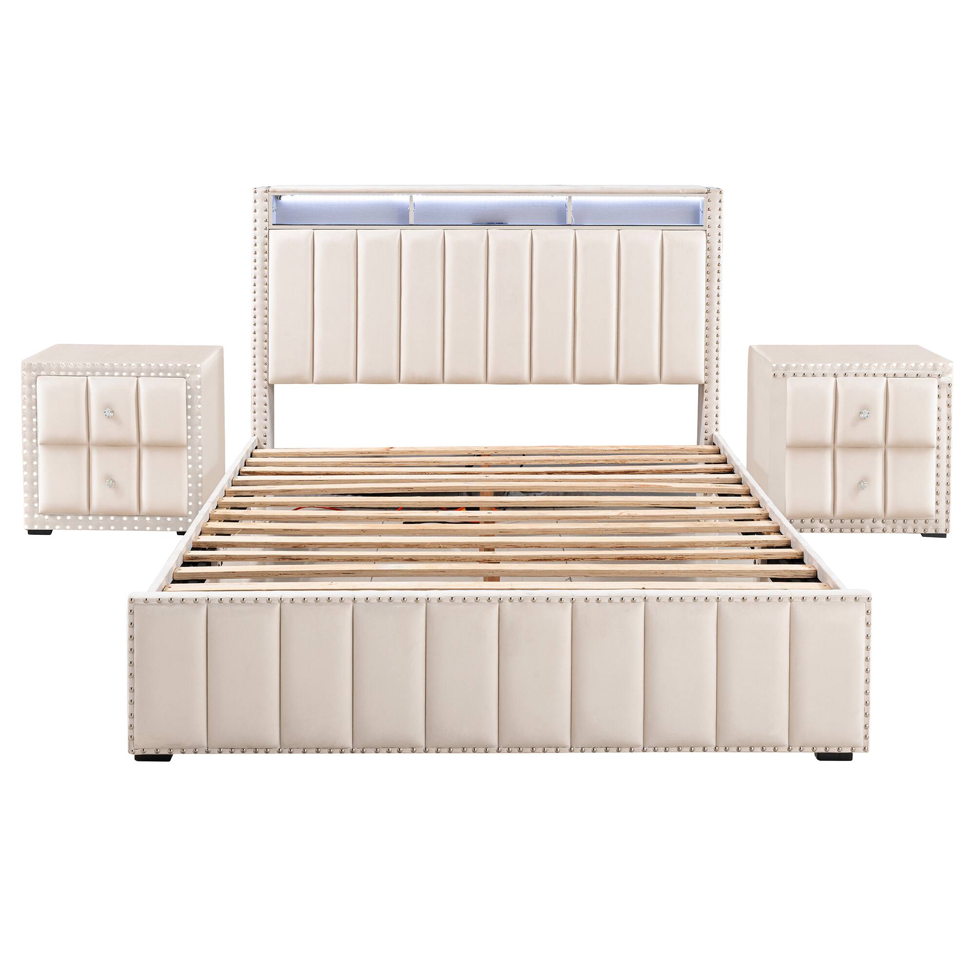 Alt View 2. Parrot Uncle - Contemporary Velvet Platform Bed With LED Lights and Nailhead Trim - Beige.