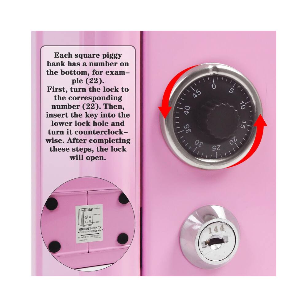 Each square piggy bank has a number on the bottom, for example (22). First, turn the lock to the corresponding number (22). Then, insert the key into the lower lock hole and turn it counterclockwise. After completing these steps, the lock will open.

45 40 35 30 25 20 15 10 5 0

144