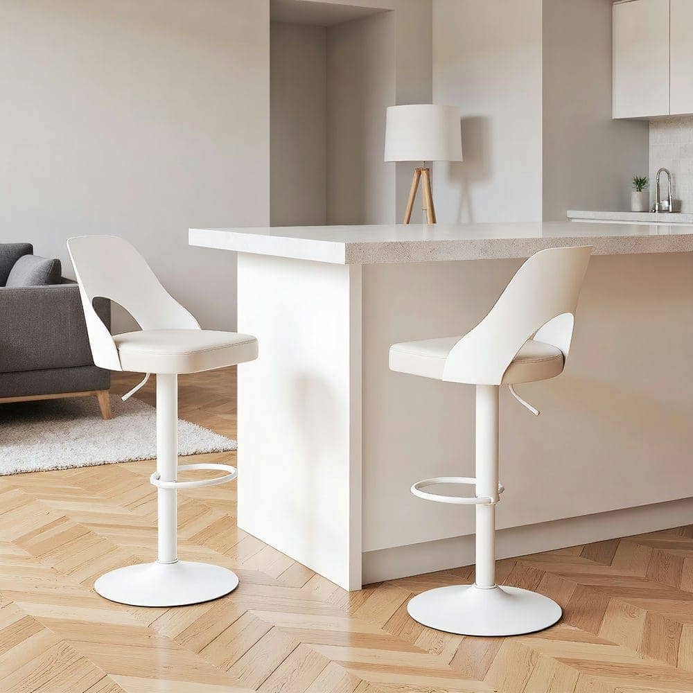 Kadyn - Set of 2 Bar Stools with Enlarged PU Leather Seat and Footrest - White