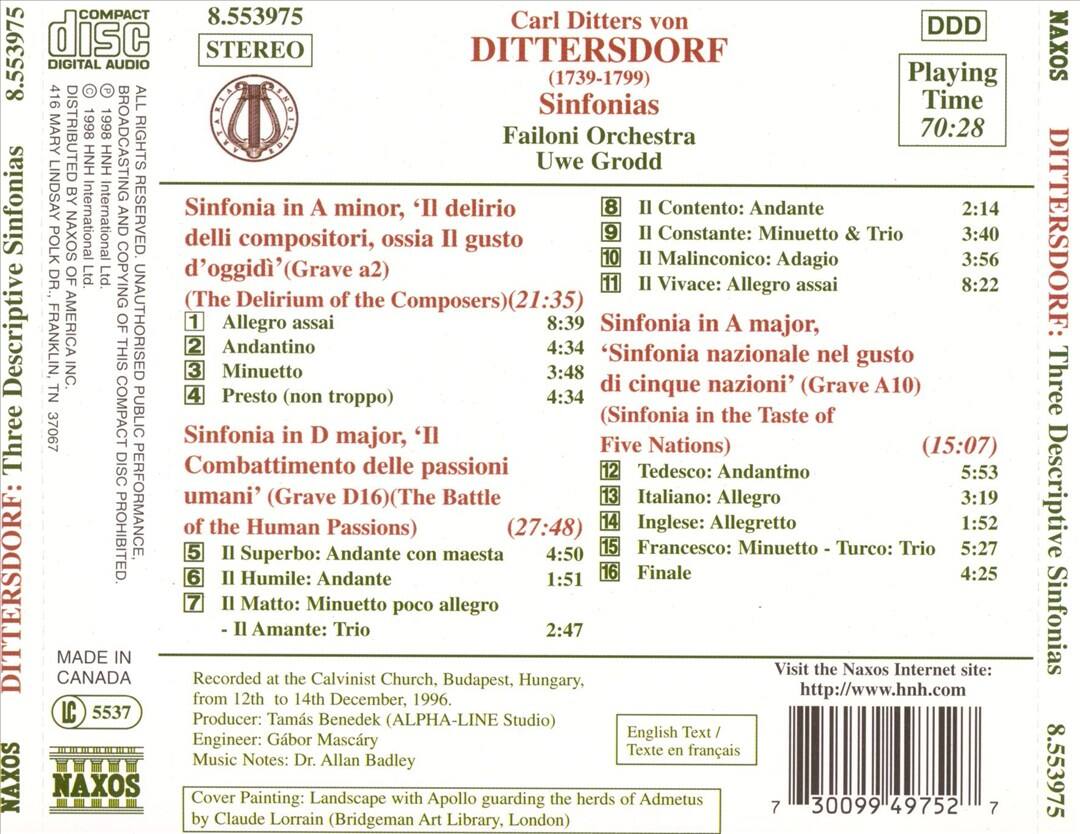 Back. Karl Ditters von Dittersdorf: The Descriptive Sinfonias [CD].