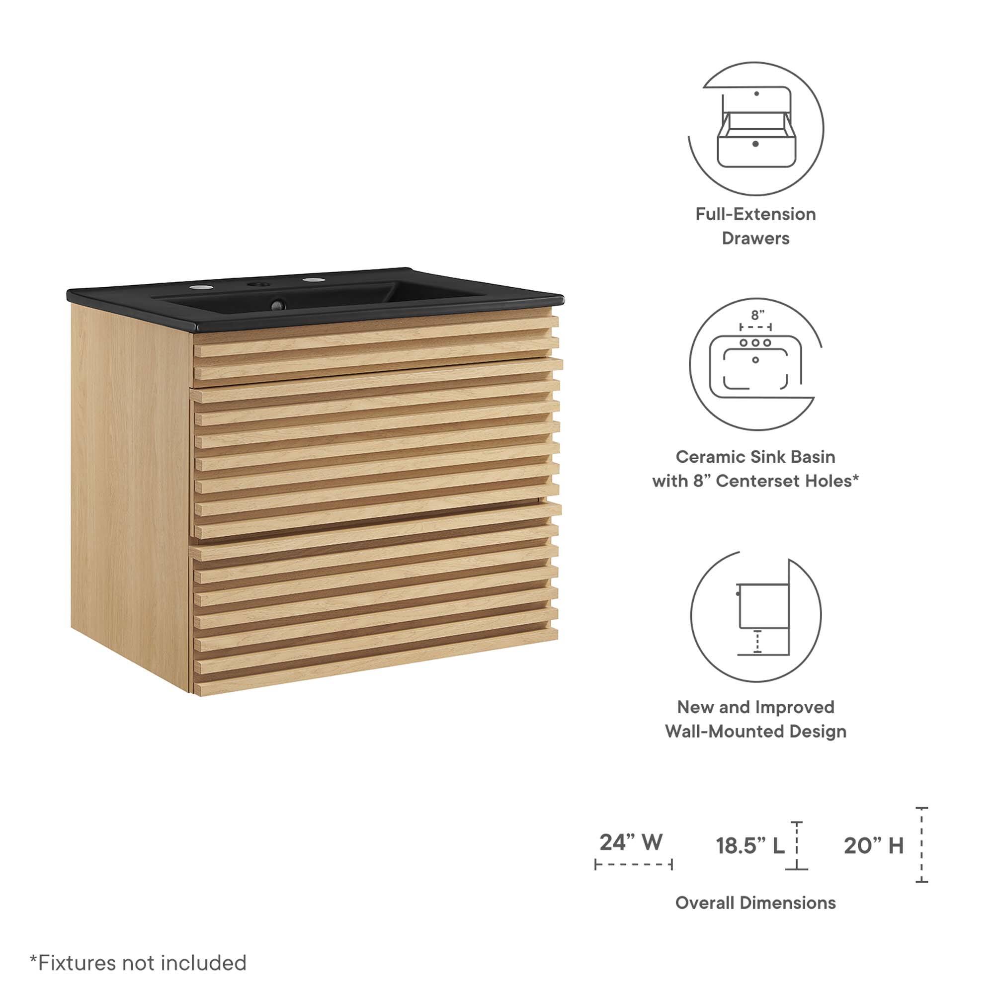 Full-Extension Drawers  
Ceramic Sink Basin with 8" Centerset Holes*  
New and Improved Wall-Mounted Design  

Overall Dimensions:  
24" W x 18.5" L x 20" H  

*Fixtures not included