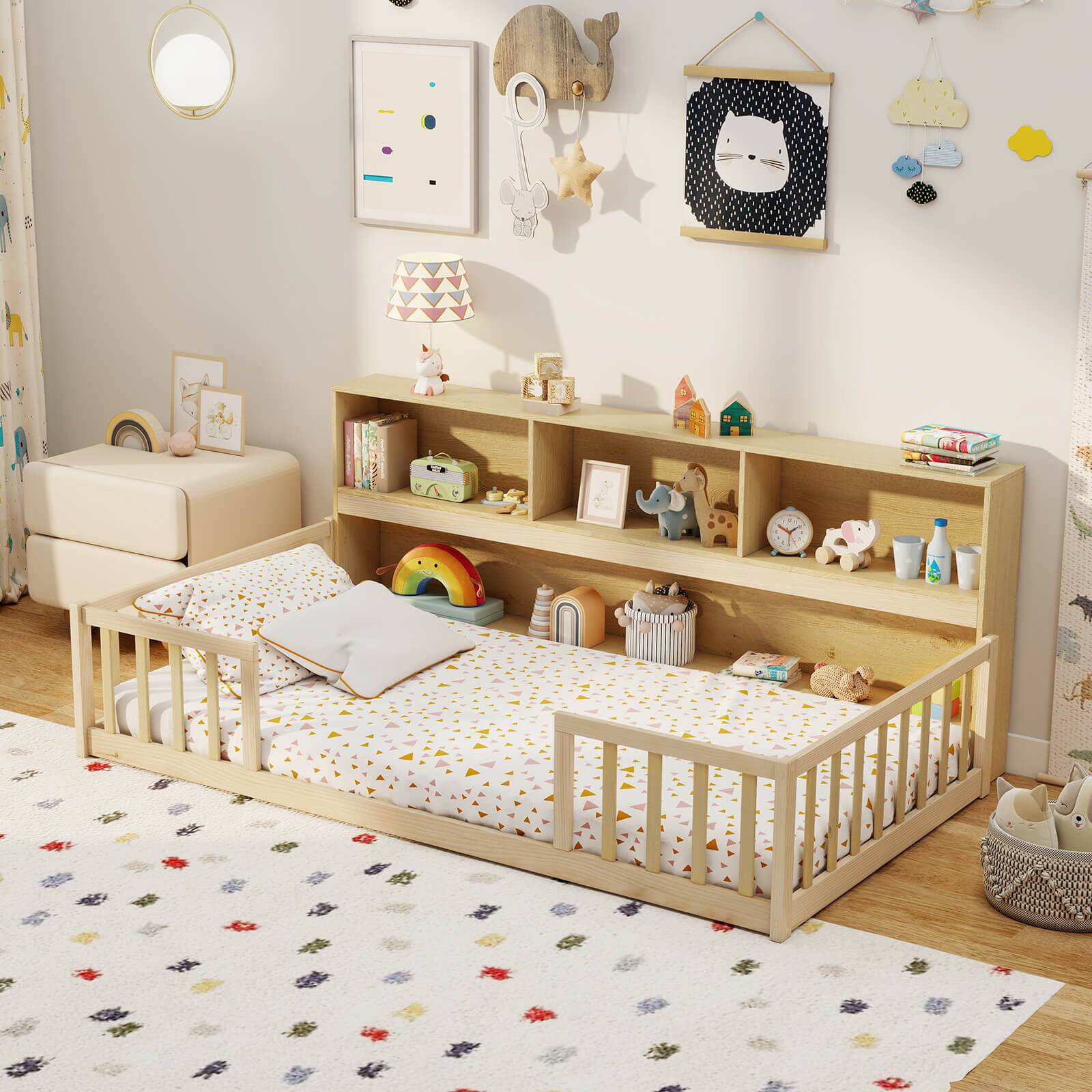 Alt View 1. Costway - Costway Twin Size Montessori Floor Bed with Bookcase Storage Shelves & Safety Fence Rails - Natural.