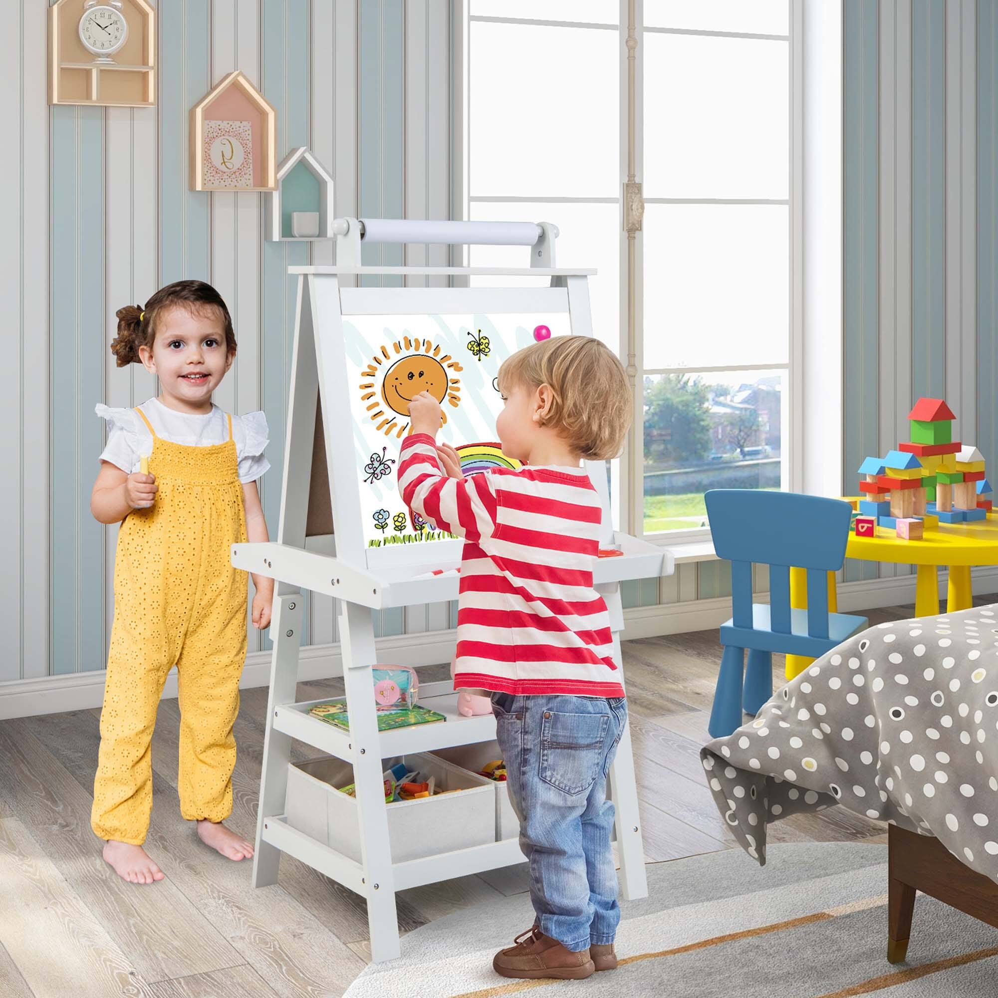 Alt View 11. Costway - Kids Art Easel Double Sided Chalkboard Magnetic Whiteboard with Storage Tray White - White.