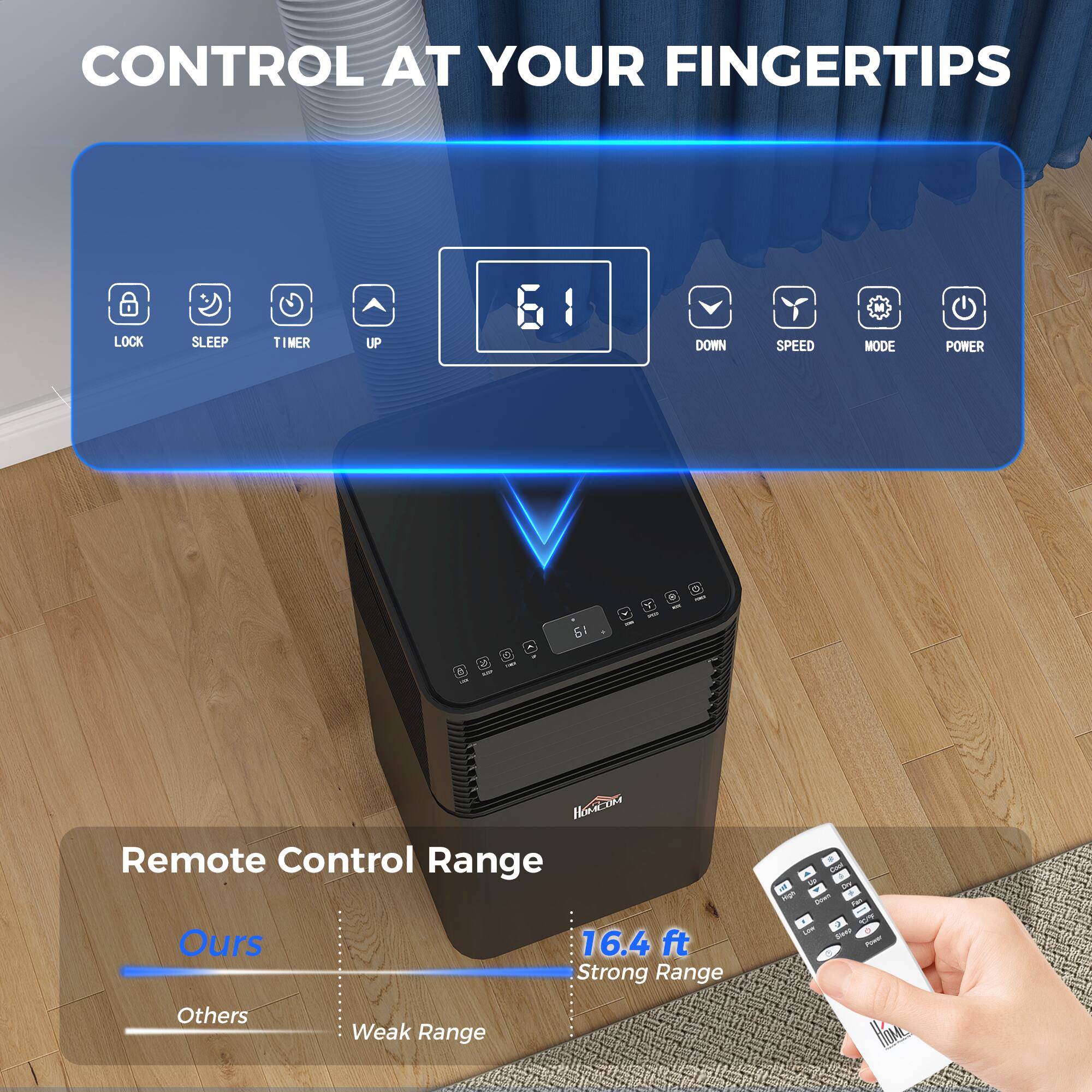 CONTROL AT YOUR FINGERTIPS

LOCK SLEEP TIMER UP DOWN SPEED MODE

Remote Control Range

Ours: 16.4 ft Strong Range

Others: Weak Range