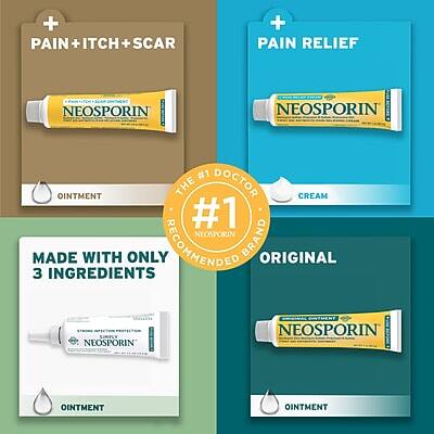 - PAIN + ITCH + SCAR
- PAIN RELIEF
- NEOSPORIN OINTMENT
- NEOSPORIN CREAM
- THE #1 DOCTOR RECOMMENDED BRAND
- MADE WITH ONLY 3 INGREDIENTS
- ORIGINAL NEOSPORIN OINTMENT