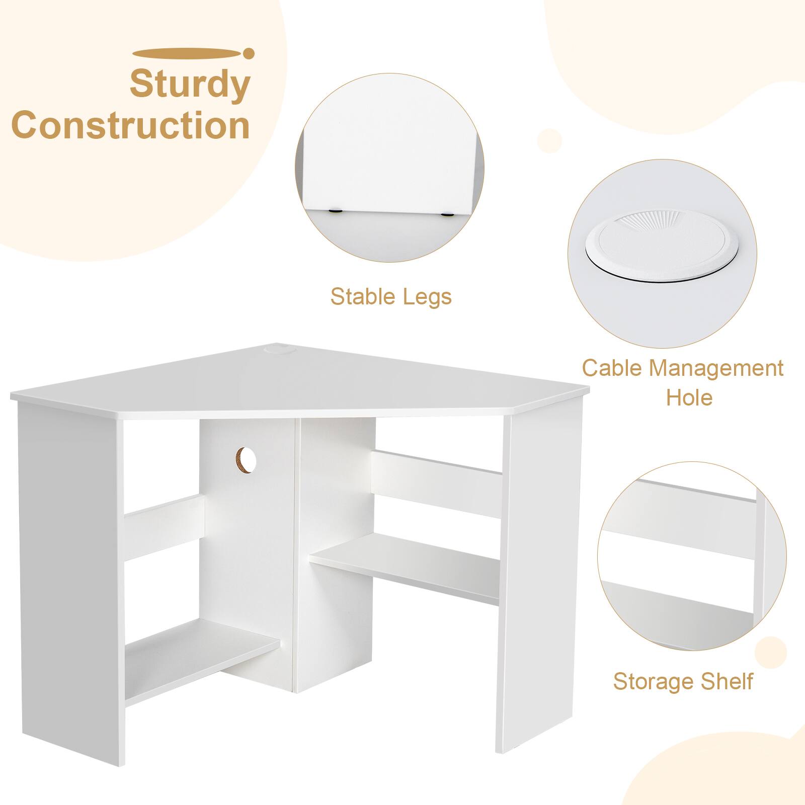 Sturdy Construction, Stable Legs, Cable Management Hole, Storage Shelf