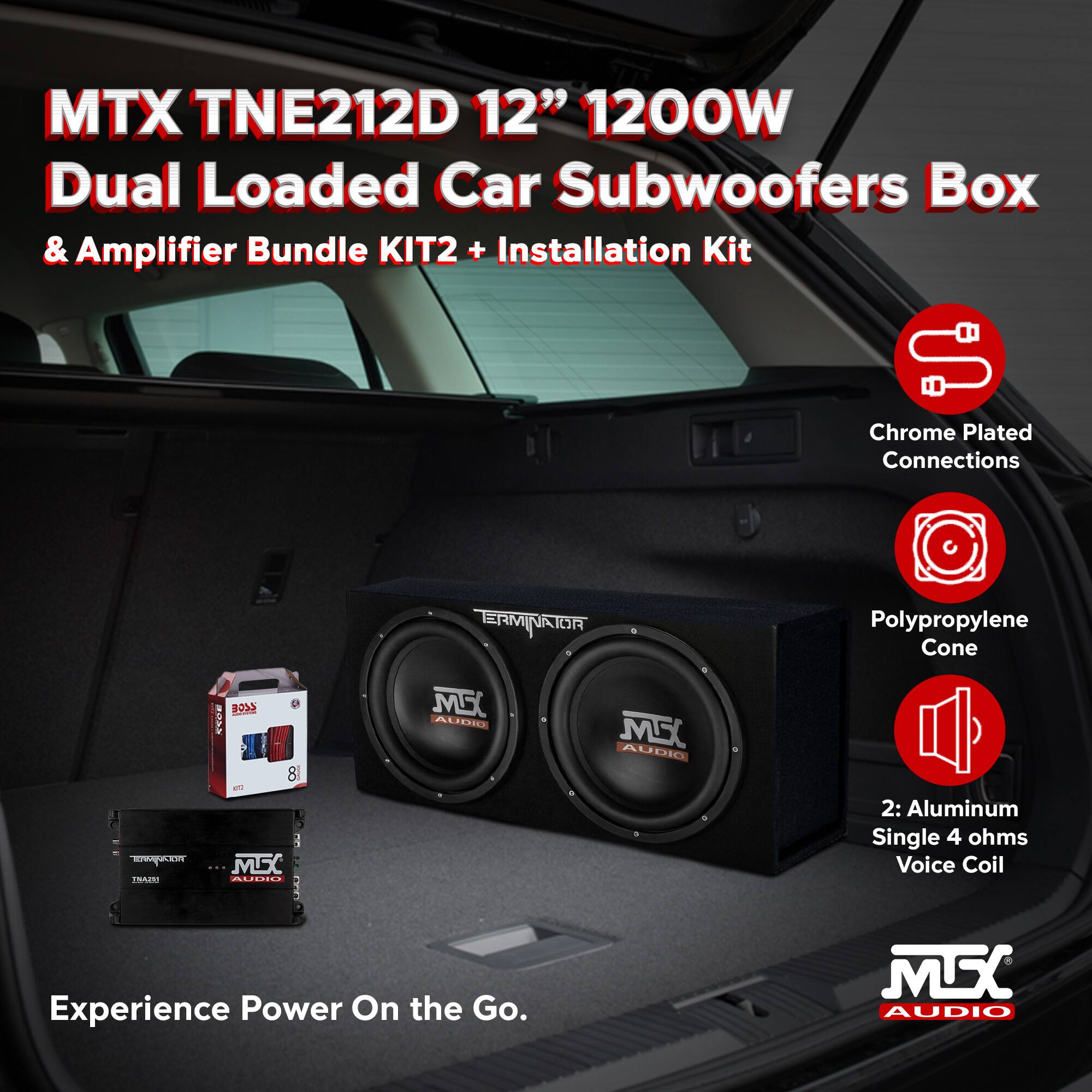 MTX TNE212D 12" 1200W Dual Loaded Car Subwoofers Box & Amplifier Bundle KIT2 + Installation Kit

- Chrome Plated Connections
- Polypropylene Cone
- 2: Aluminum Single 4 ohms Voice Coil

Experience Power On the Go.