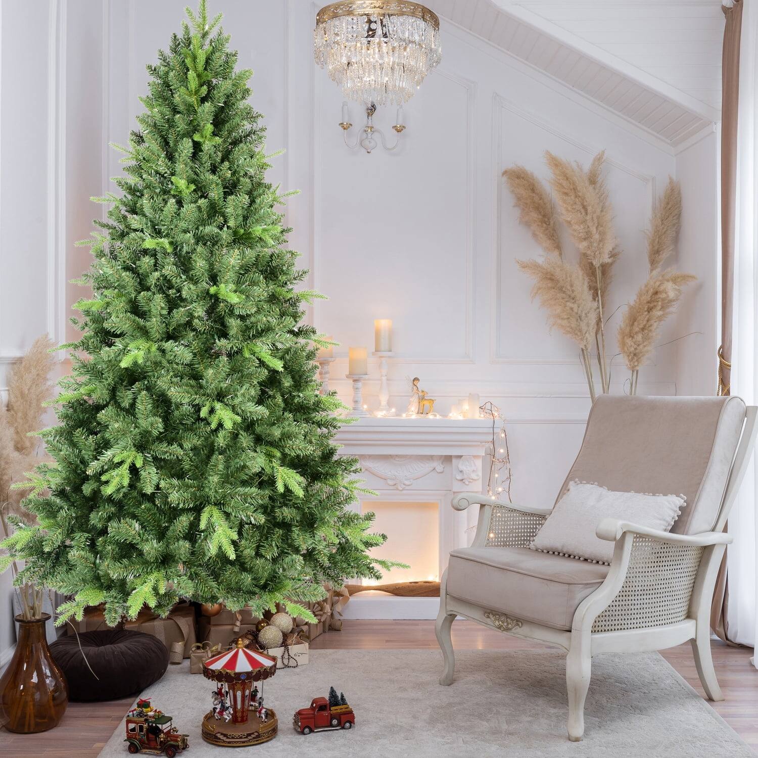 Angle. Pefilos - 7.5ft Artificial Christmas Tree with 2155 PVC Branches, Hinged Foldable Base for Indoor Decorating, Durable Metal Wires - Green.