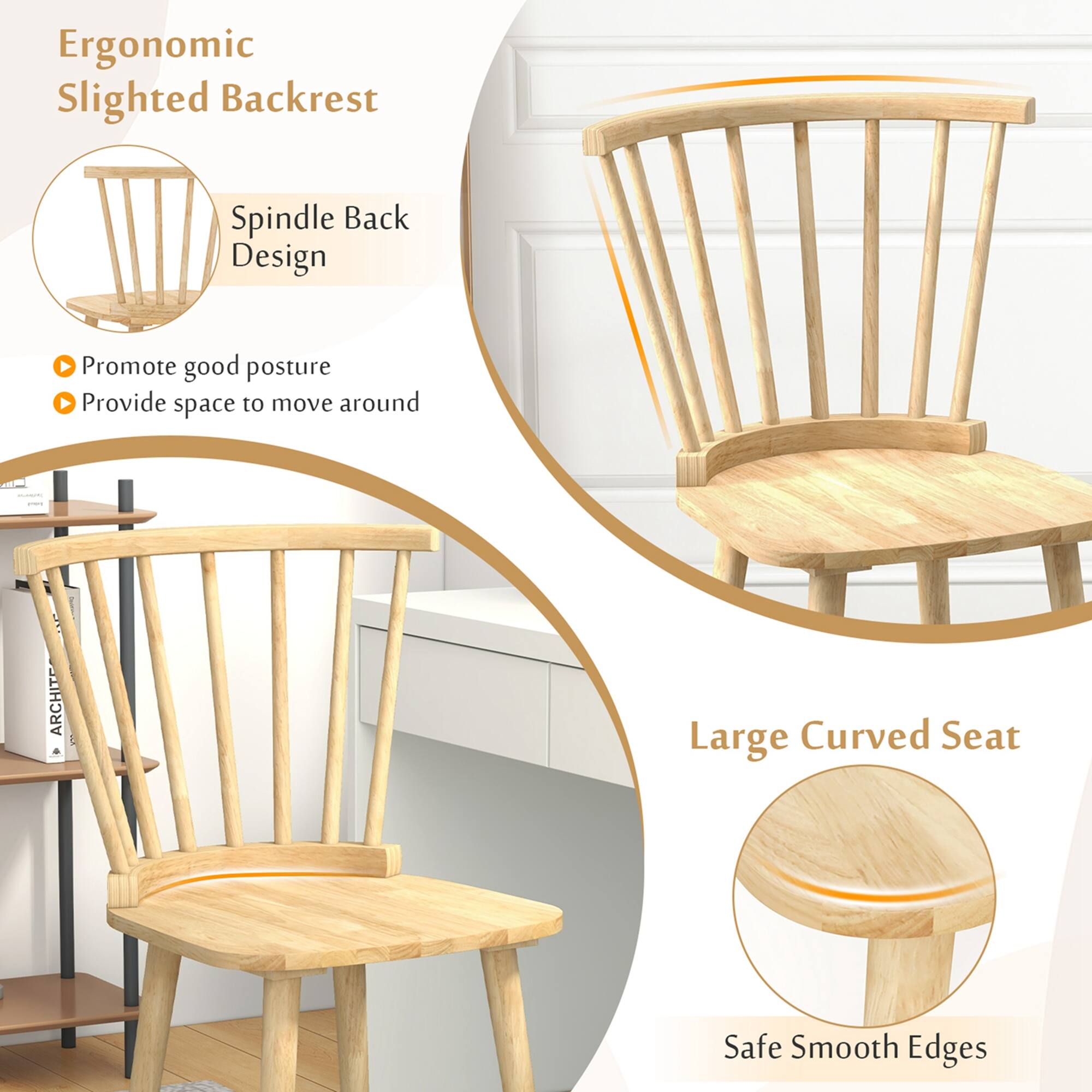 The image features a wooden chair with a slanted backrest, designed to promote good posture and provide space to move around. The chair is made from ergonomic materials, ensuring comfort and support. The backrest is spindle-backed, adding a unique design element to the chair. The chair also has a large curved seat, offering additional comfort and support. The chair is safe and features smooth edges, making it a comfortable and stylish addition to any room.