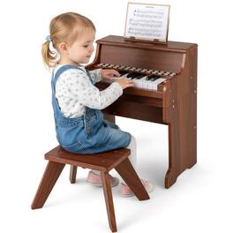 Costway - 25 Keys Digital Piano with Music Stand Stool Lighted Keys Teaching Mode for 3+ Kids - Brown