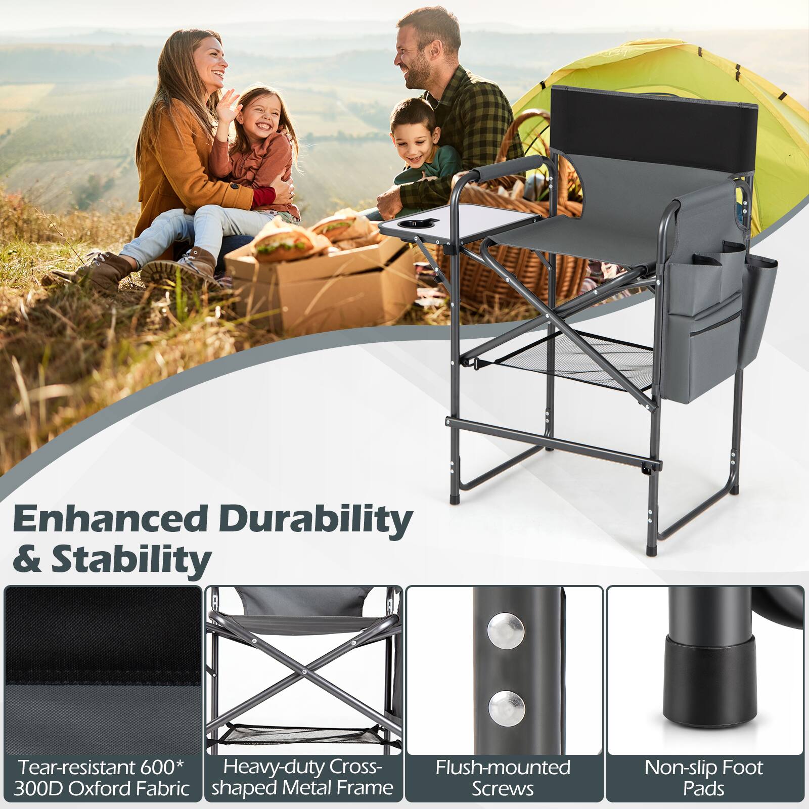 Enhanced Durability & Stability

- Tear-resistant 600* 300D Oxford Fabric
- Heavy-duty Cross-shaped Metal Frame
- Flush-mounted Screws
- Non-slip Foot Pads