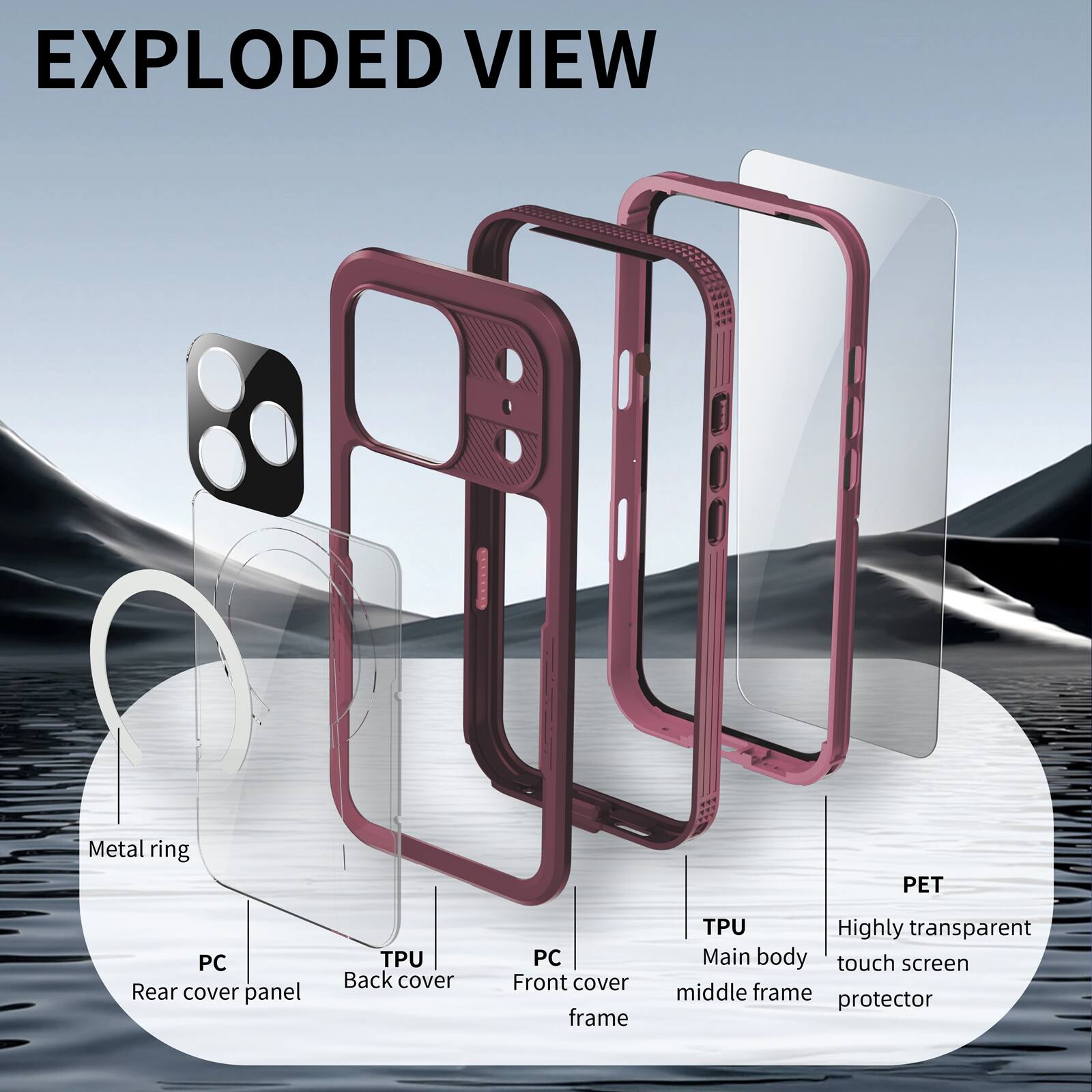 EXPLODED VIEW

Metal ring

PET

PC Rear cover panel

TPU Back cover

PC Front cover frame

TPU Main body middle frame

Highly transparent touch screen protector