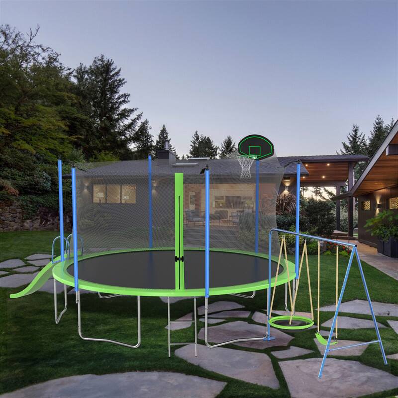 Alt View 1. HTUTWOO - Trampoline 14FT with Slide and Swings -Trampoline w/Basketball Hoop, Ladder,Net,Mat,Spring Cover Padding for Adults Kids - Green.