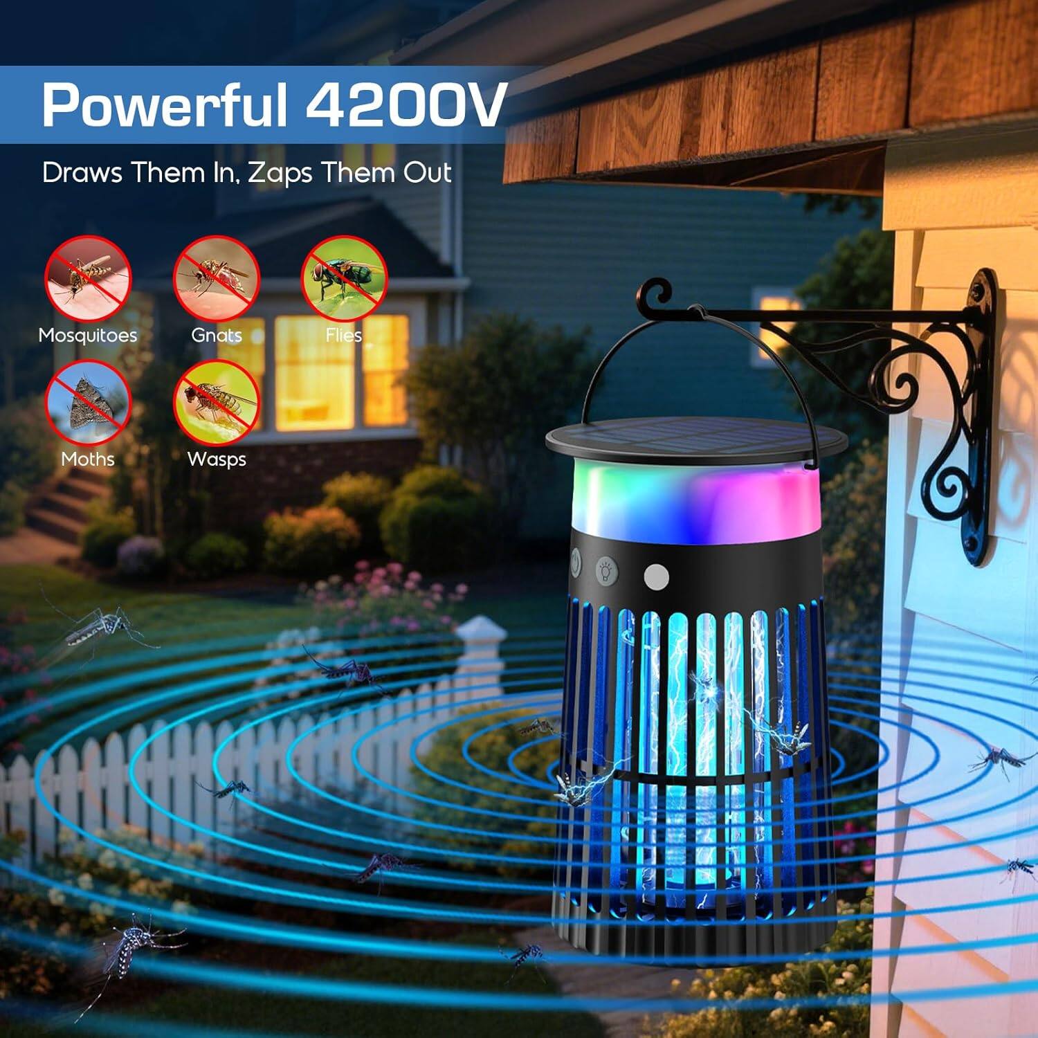 Powerful 4200V  
Draws Them In, Zaps Them Out  

Mosquitoes  
Gnats  
Flies  
Moths  
Wasps