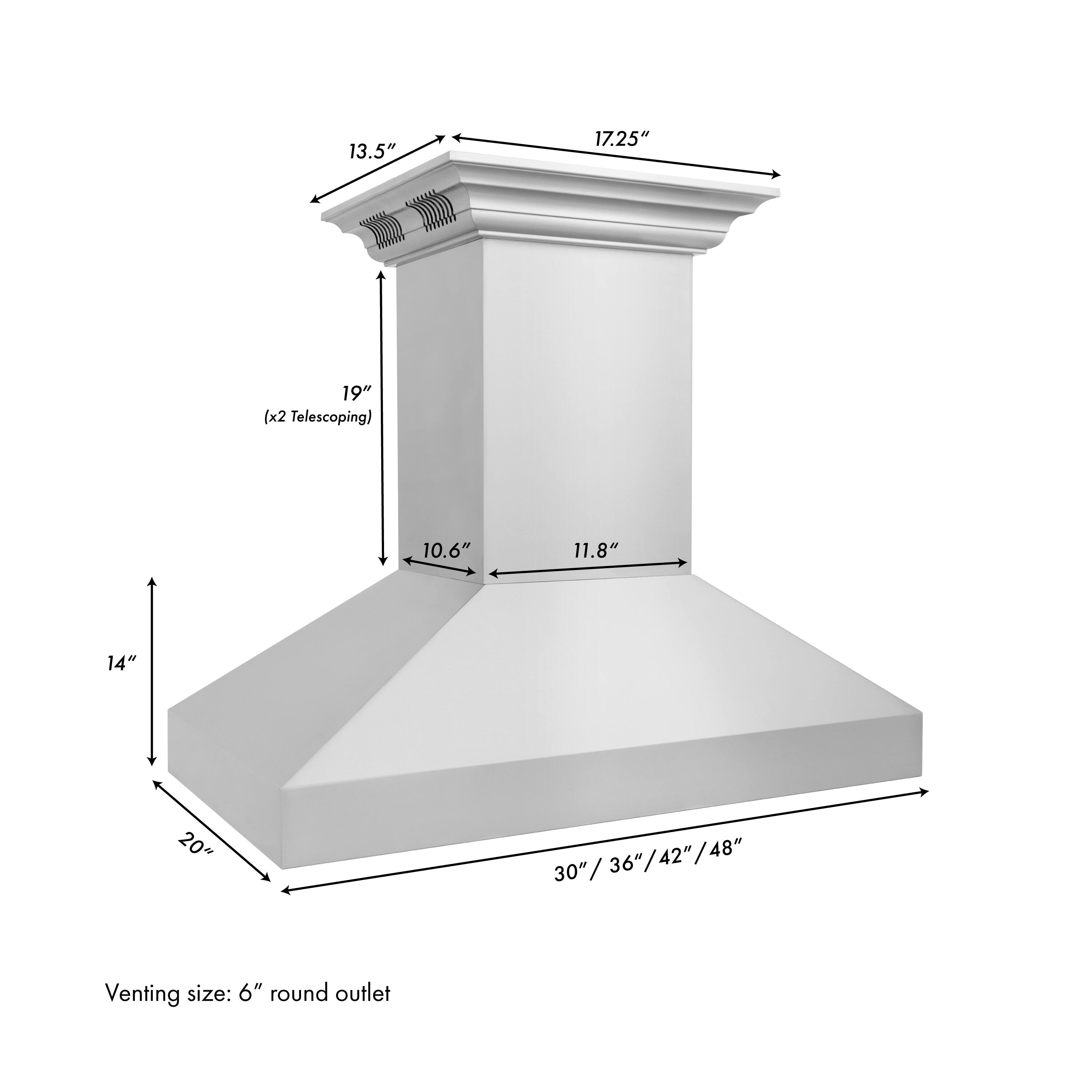 13.5" 17.25" 19" (x2 Telescoping) 10.6" 11.8" 14" 20" 42" / 48" 30"/36"/42"/48" 30" / 36" / Venting size: 6" round outlet