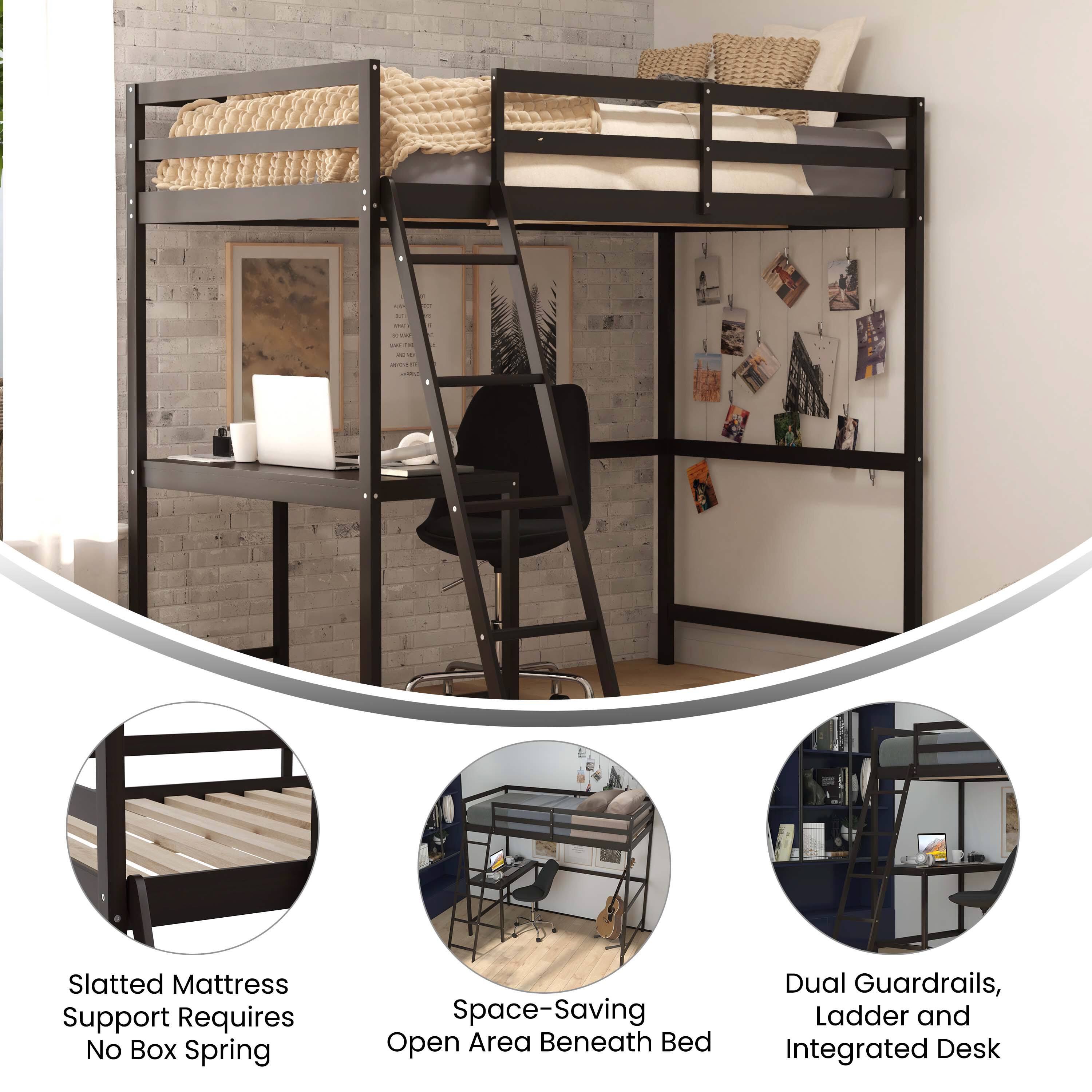 - Slatted Mattress Support Requires No Box Spring
- Space-Saving Open Area Beneath Bed
- Dual Guardrails, Ladder and Integrated Desk