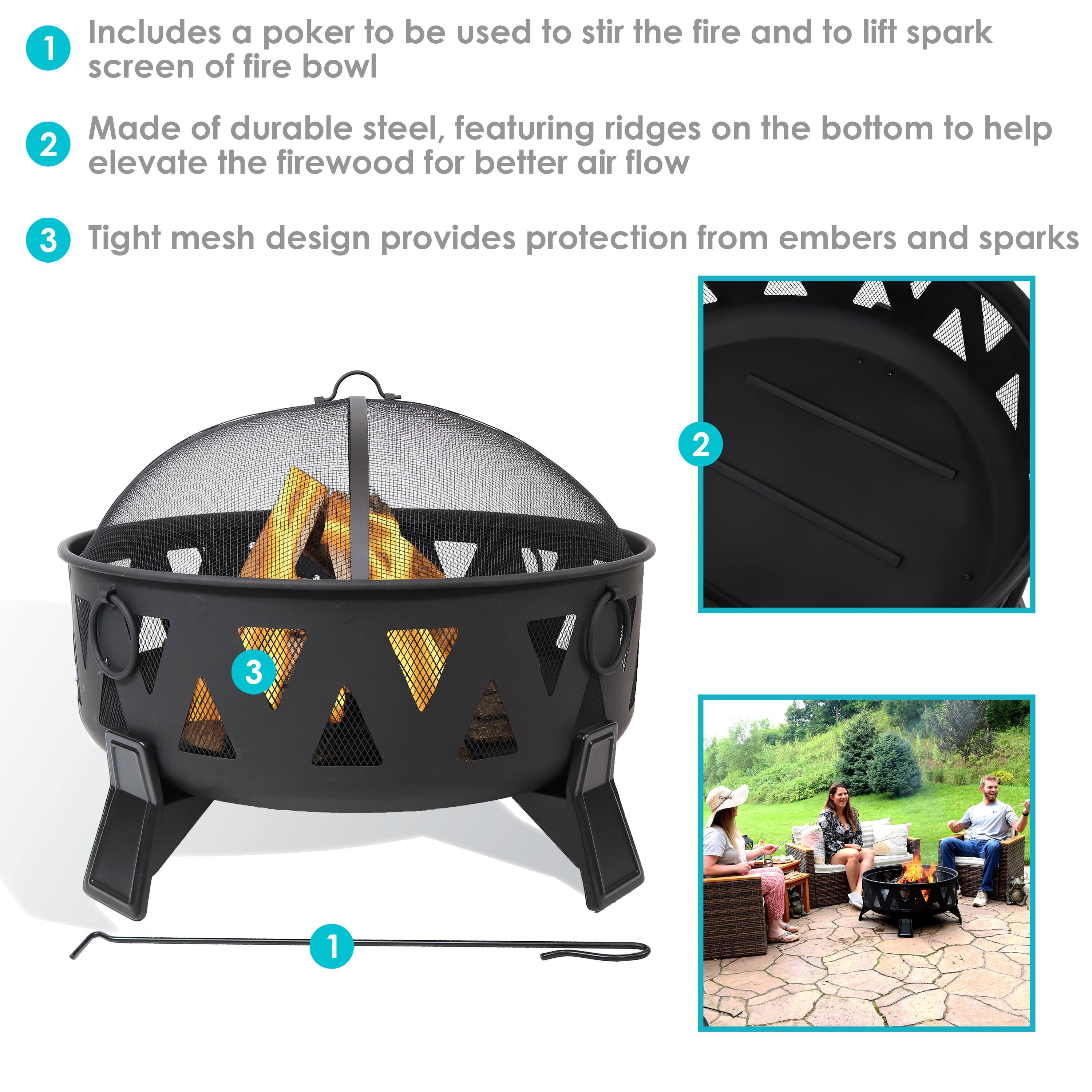 1. Includes a poker to be used to stir the fire and to lift spark screen of fire bowl

2. Made of durable steel, featuring ridges on the bottom to help elevate the firewood for better air flow

3. Tight mesh design provides protection from embers and sparks