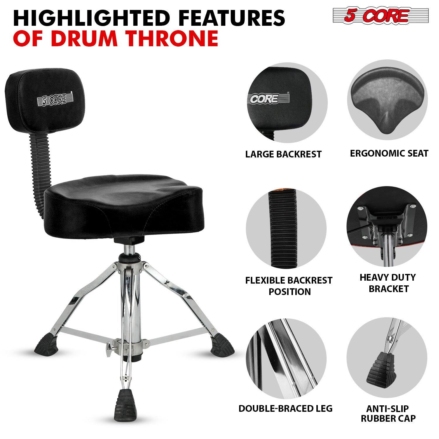 HIGHLIGHTED FEATURES OF DRUM THRONE

- LARGE BACKREST
- ERGONOMIC SEAT
- FLEXIBLE BACKREST POSITION
- HEAVY DUTY BRACKET
- DOUBLE-BRACED LEG
- ANTI-SLIP RUBBER CAP

5 CORE
