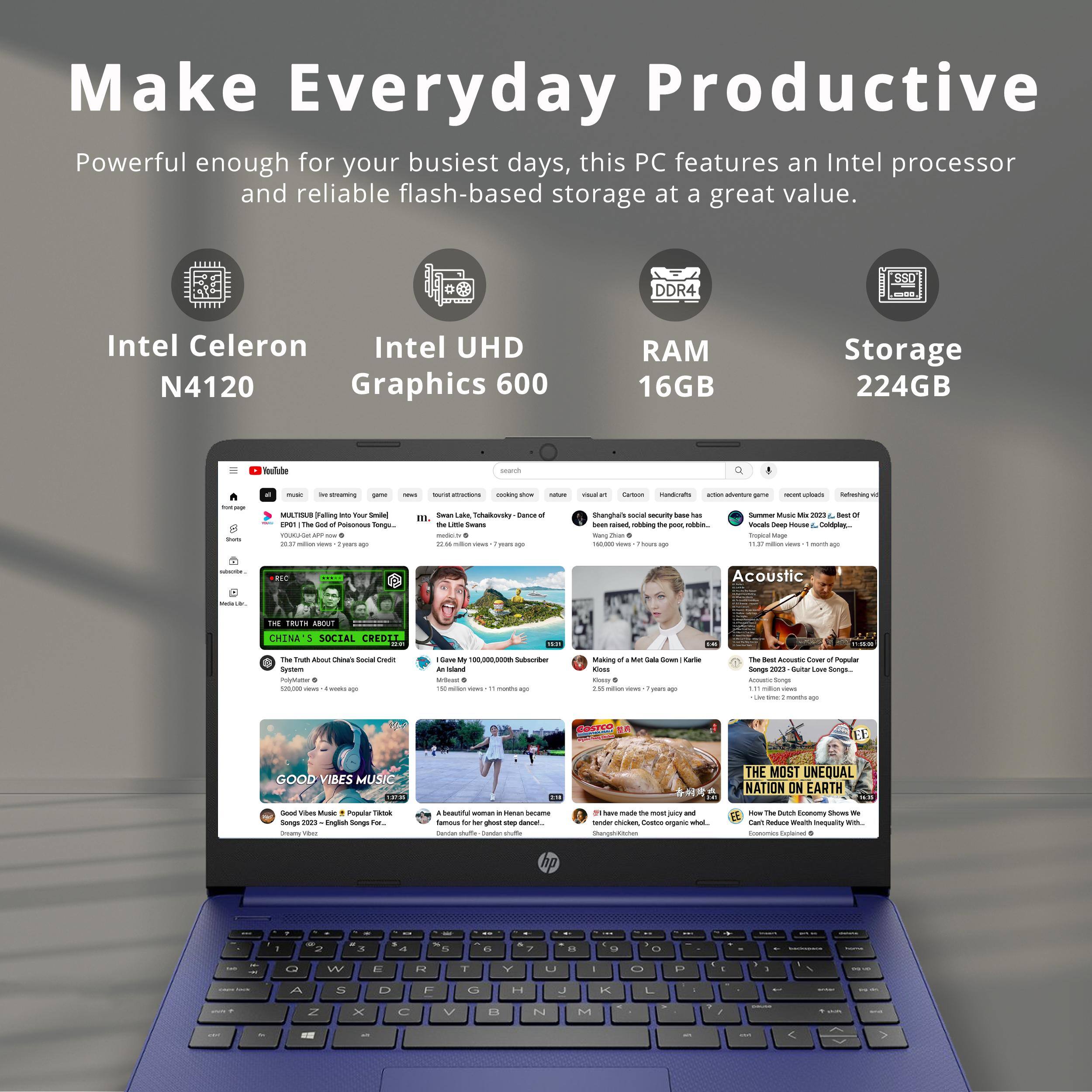 Make Everyday Productive

Powerful enough for your busiest days, this PC features an Intel processor and reliable flash-based storage at a great value.

- Intel Celeron N4120
- Intel UHD Graphics 600
- DDR4 RAM 16GB
- Storage 224GB