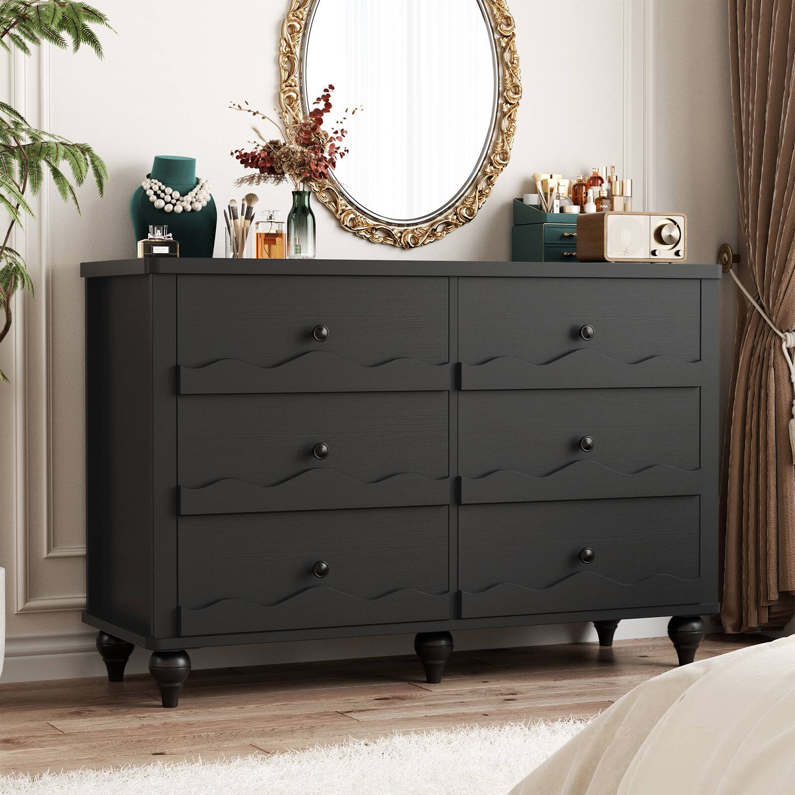 Angle. Aheaplus - 43-inch Modern 6-Drawer Dresser with Scalloped Front for Bedroom & Living Room Storage - Black.