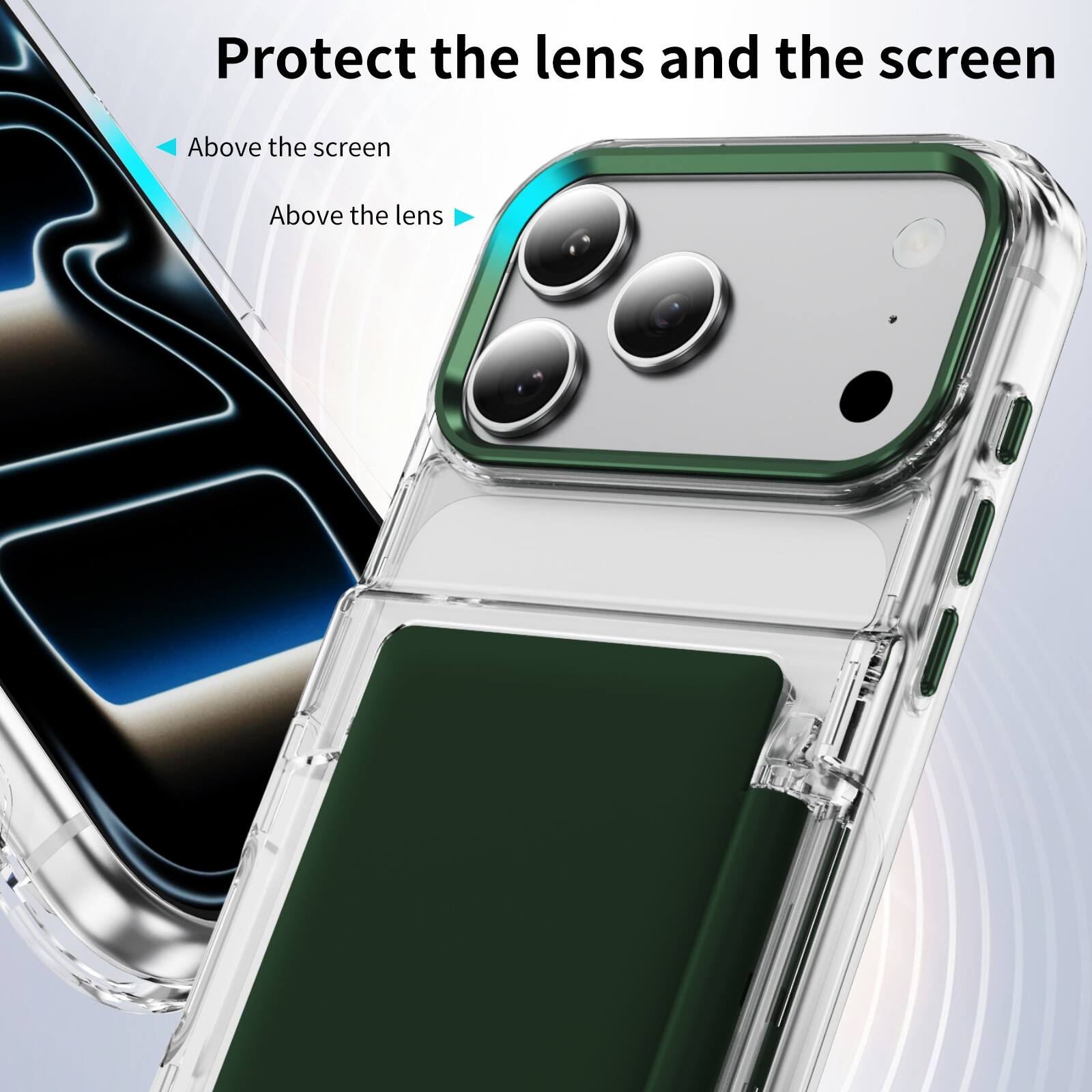 Protect the lens and the screen

- Above the screen
- Above the lens