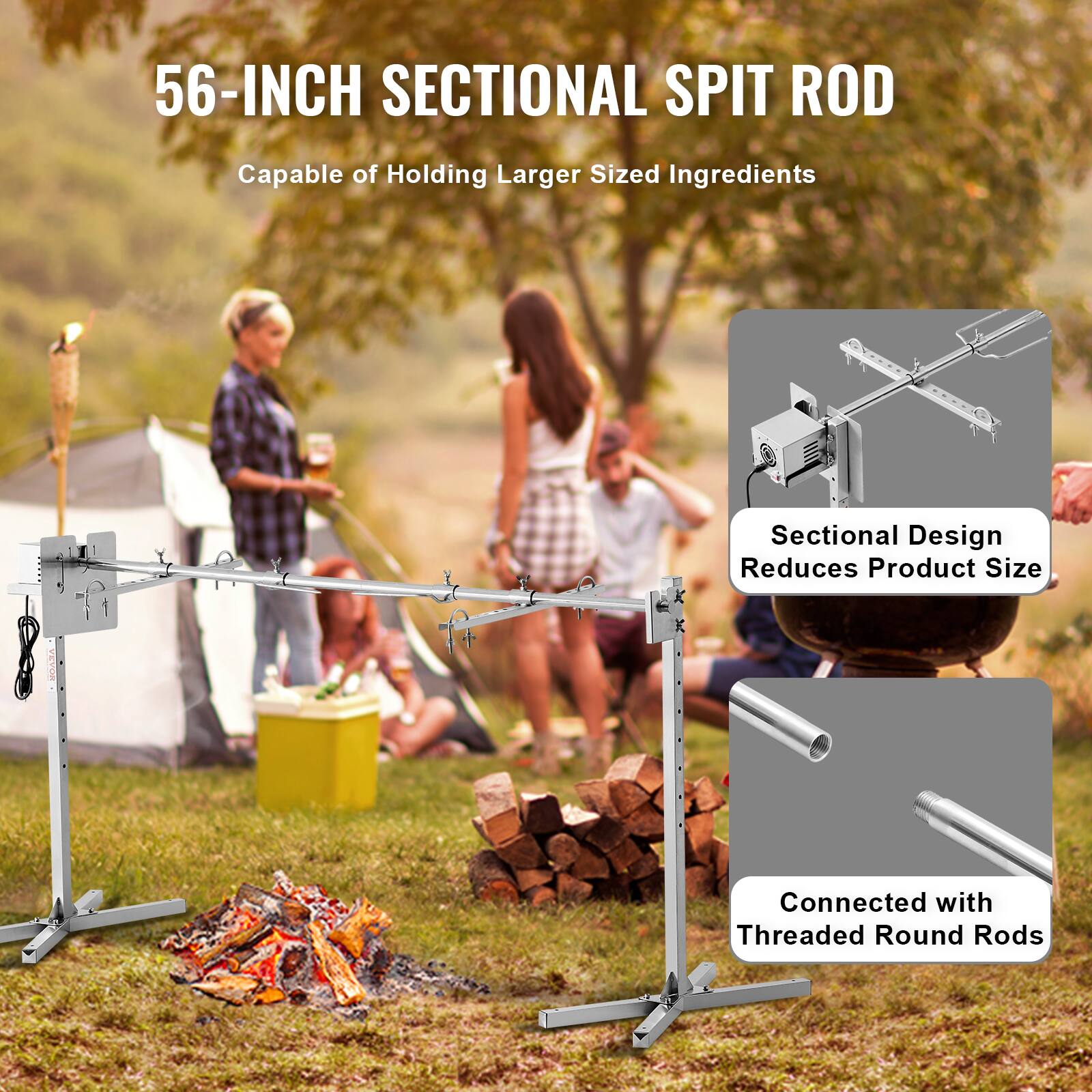 56-INCH SECTIONAL SPIT ROD Capable of Holding Larger Sized Ingredients Sectional Design Reduces Product Size Connected with Threaded Round Rods