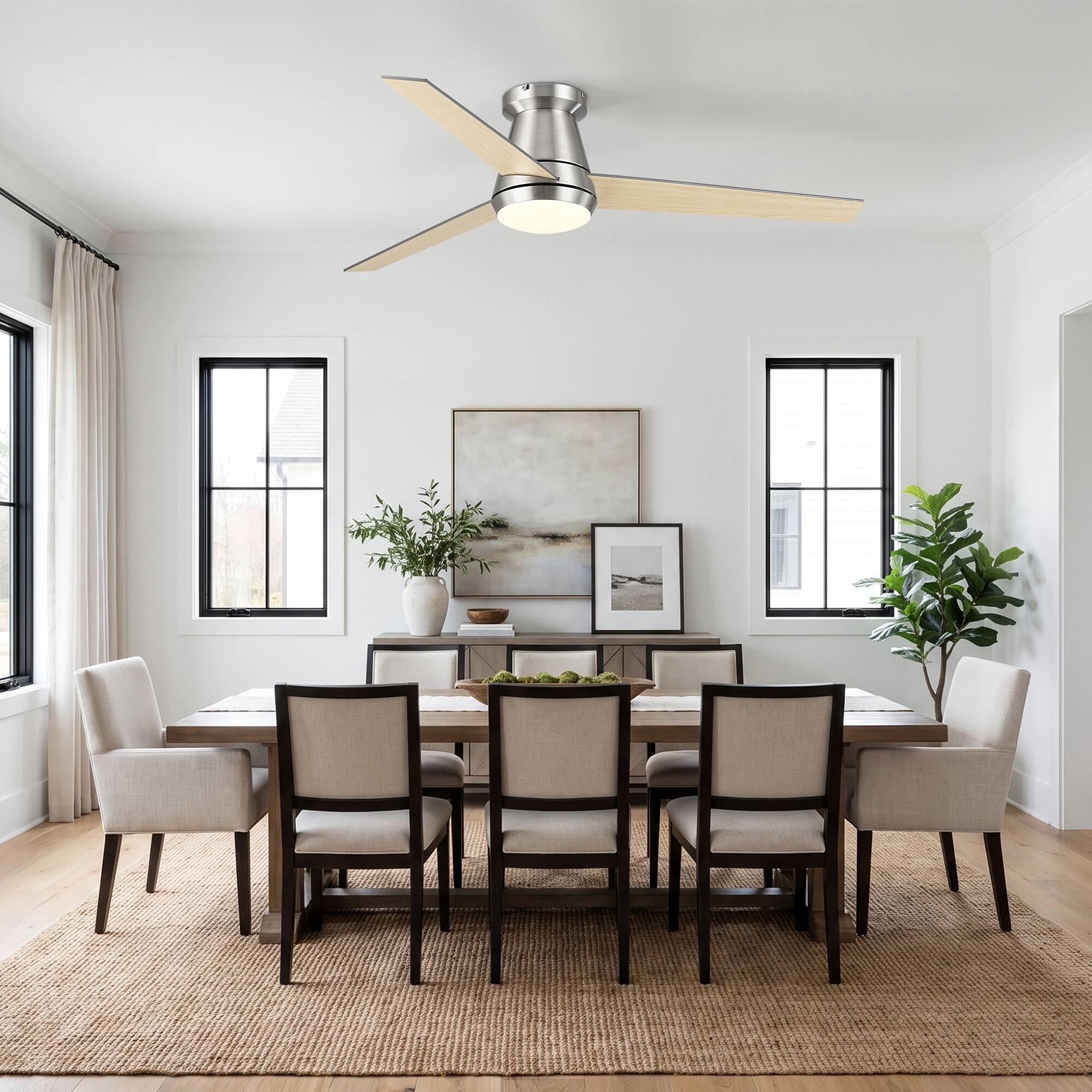Left. Vaczon - 52" Modern Reversible Blades Smart Flush Mount Ceiling Fan with App Control and Dimmable LED Light - Satin Nickle.
