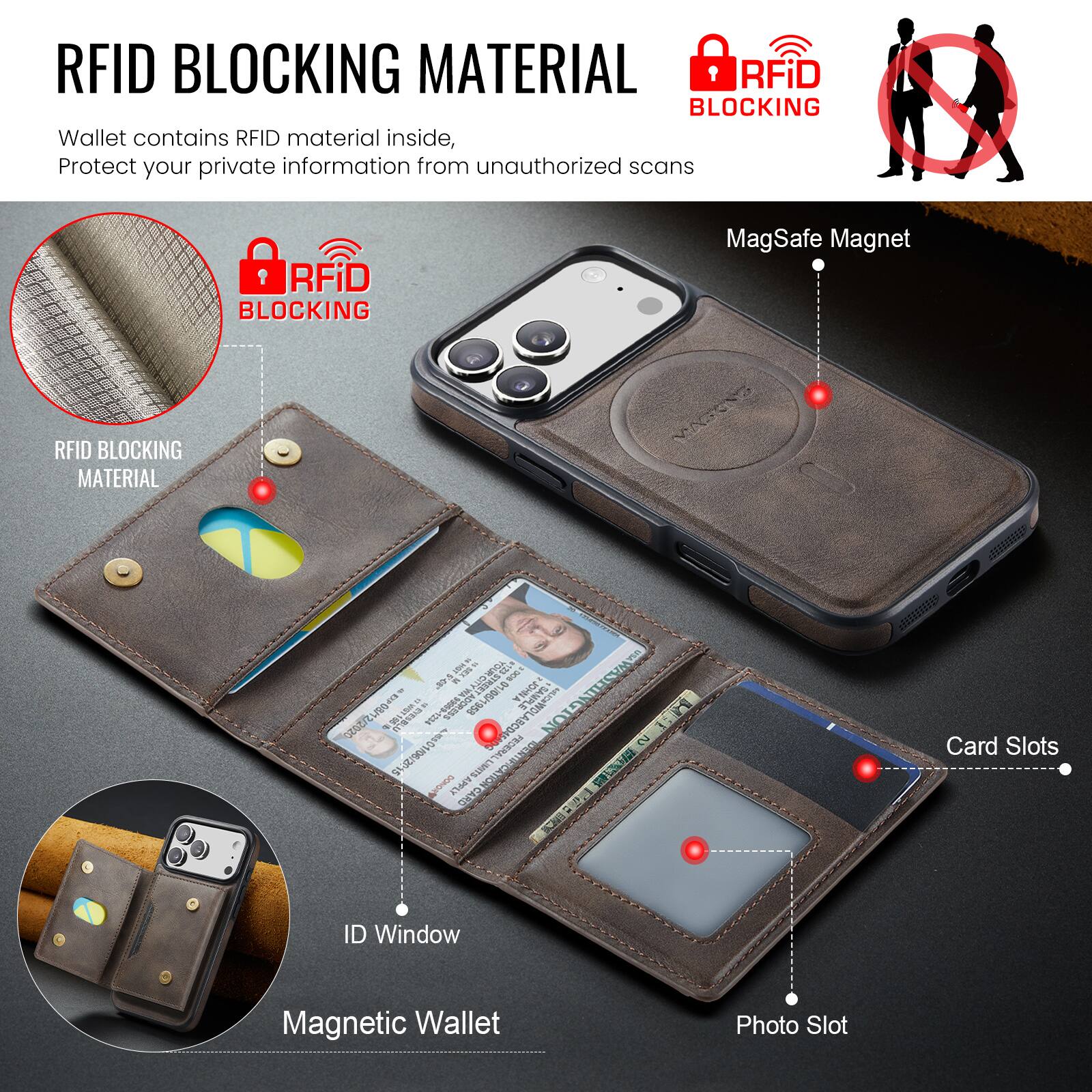 RFID BLOCKING MATERIAL

Wallet contains RFID material inside, Protect your private information from unauthorized scans

RFID BLOCKING MATERIAL

RFiD BLOCKING MagSafe Magnet

RFiD BLOCKING MATERIAL

MASENO - LAS

- d A TO

01958

LSUNA

a 1CE

MEISNR

O1A

M GZ/Z

OR aim

GION

P zoErE

VEE

VOR

TREM

Eu

90S

POHO

14T

R

MAN

KEA

a1510

Card Slots

ID Window

Magnetic Wallet

Photo Slot