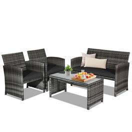Pefilos - 4 Pieces Patio PE Rattan Furniture Set, Balcony Furniture Outdoor PE Rattan Patio Conversation Set with Loveseat - Black