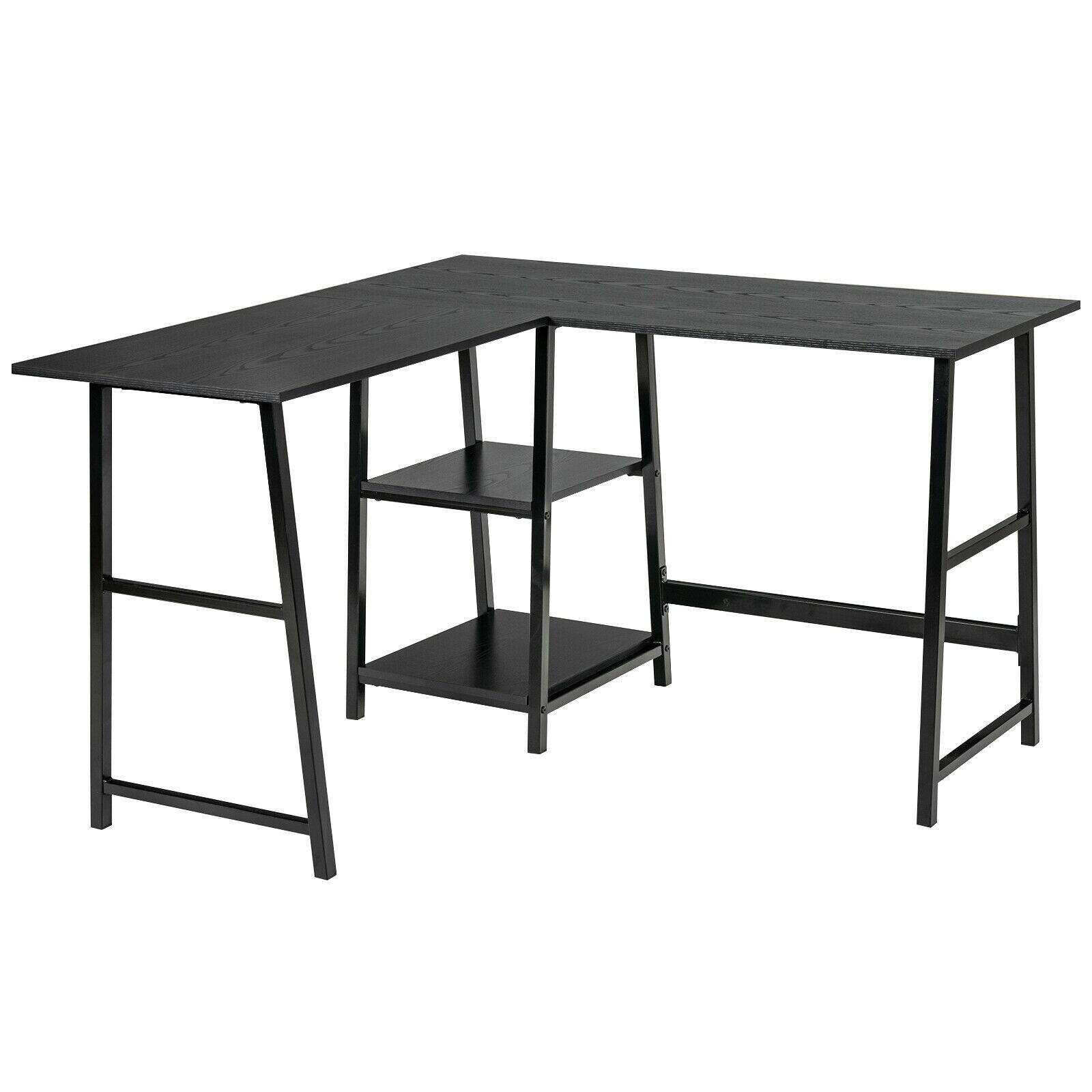 Front. Sugift - L Shaped Corner Computer Desk with Storage Shelves - Black.