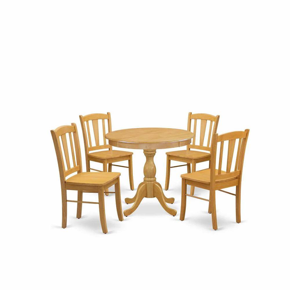 Left. East West Furniture - AMDL5-OAK-W - 5-Piece Dining Room Table Set- 4 dining room chairs and Kitchen Dining Table - Wooden Seat and Slatted - Oak.
