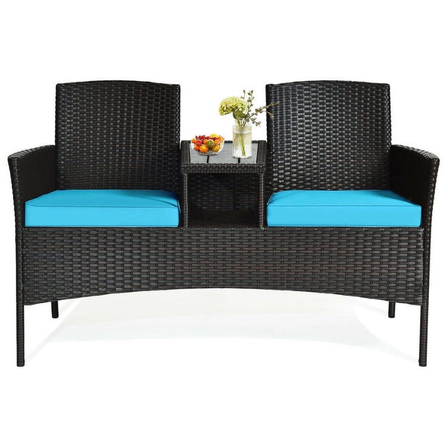 Alt View 2. Kadyn - Patio Conversation Bistro Set with Seat Outdoor Rattan Patio Conversation Set with Built-in Coffee Table and Cushions fo - Blue.