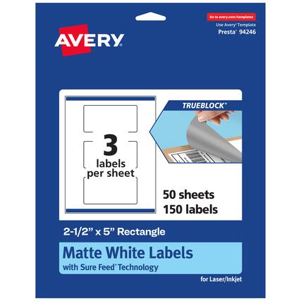 Go to avery.com/templates
AVERY
Use Avery Template Presta® 94246
TRUEBLOCK®
3 labels per sheet
50 sheets 150 labels
2-1/2" x 5" Rectangle
Matte White Labels with Sure Feed® Technology for Laser/Inkjet