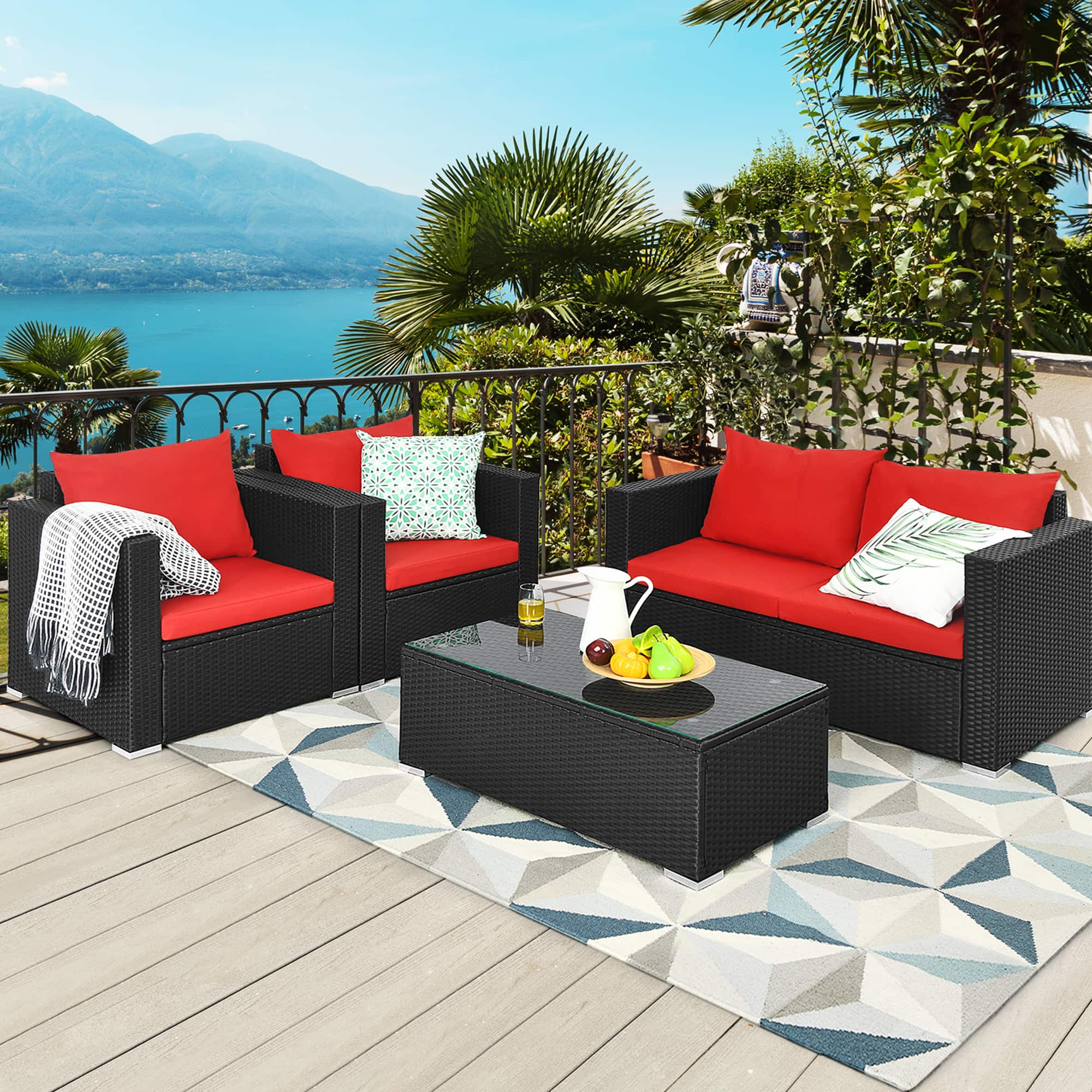 Gymax - 4PCS Rattan Patio Conversation Set Outdoor Furniture Set w/ Cushions - Red