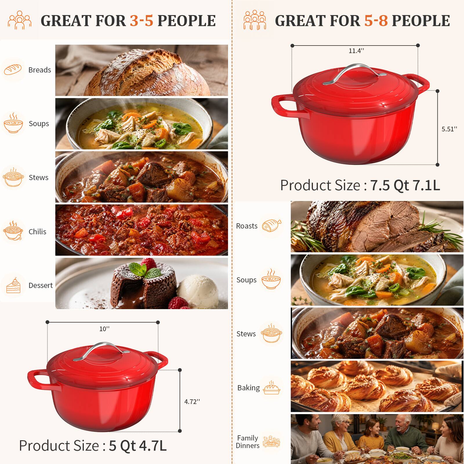 GREAT FOR 3-5 PEOPLE

- Breads
- Soups
- Stews
- Chilis
- Dessert

Product Size: 5 Qt 4.7L

GREAT FOR 5-8 PEOPLE

- Roasts
- Soups
- Stews
- Baking
- Family Dinners

Product Size: 7.5 Qt 7.1L